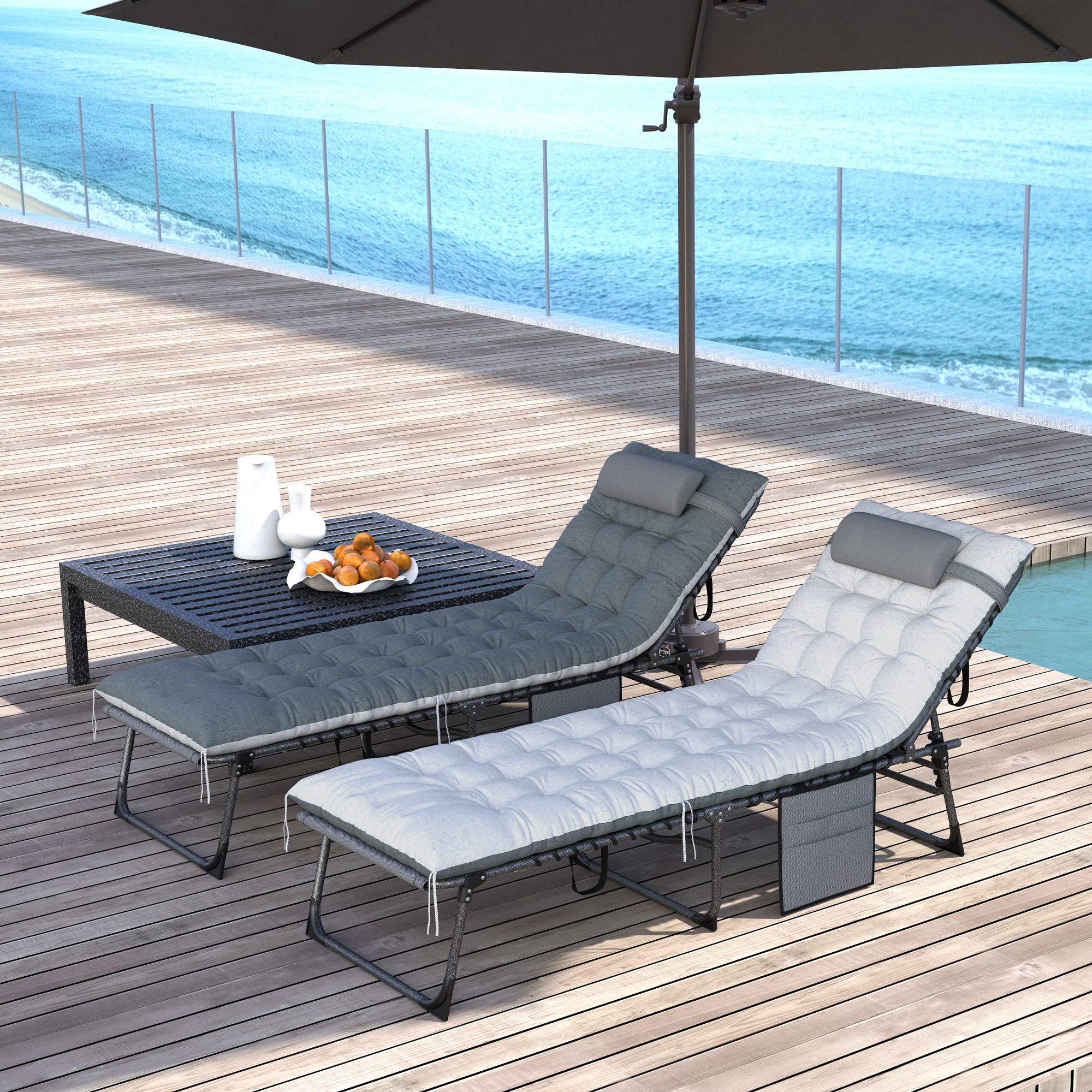 Outdoor Chaise Lounge Chair Set Of 2, 5-Level Adjustable Folding Pool Lounge Chairs With Cushions, Gray