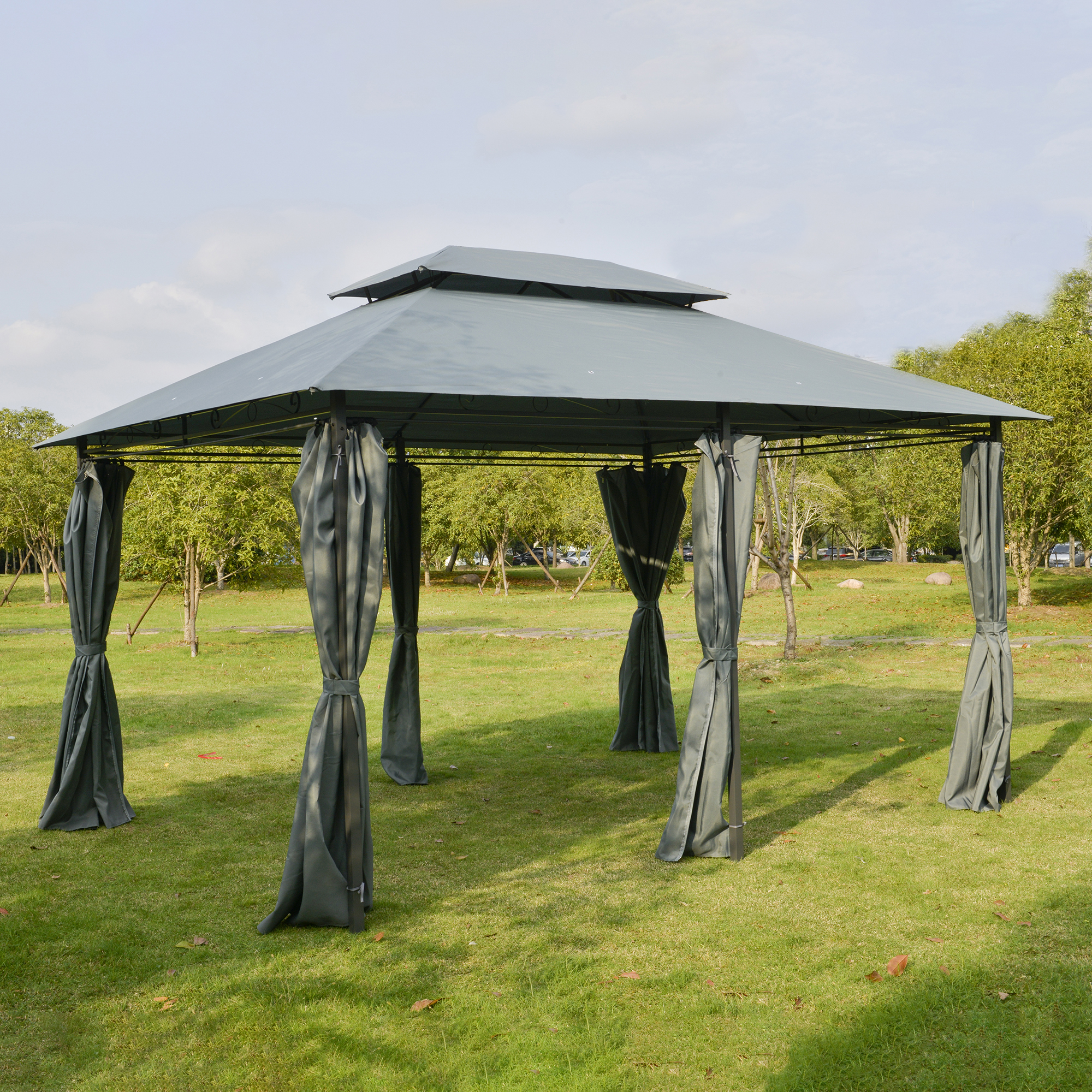 10' X 13' Outdoor Soft Top Gazebo Pergola With Curtains, 2-Tier Steel Frame Gazebo For Patio, Sage Gray