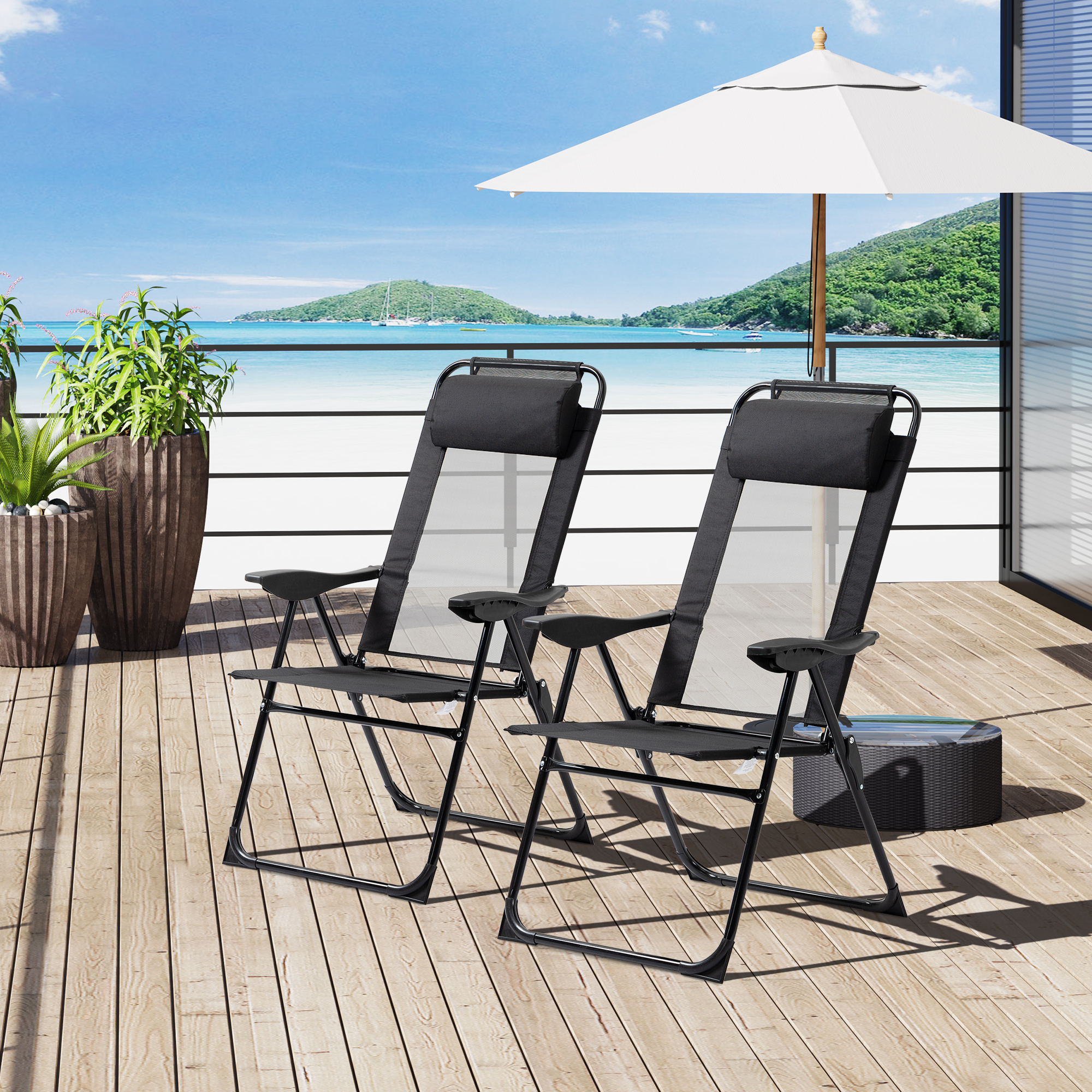 Folding Patio Dining Chairs Set Of 2, Outdoor Deck Chair With Adjustable Sling Back, Camping Chair With Removable Headrest For Garden, Backyard, Lawn, Black