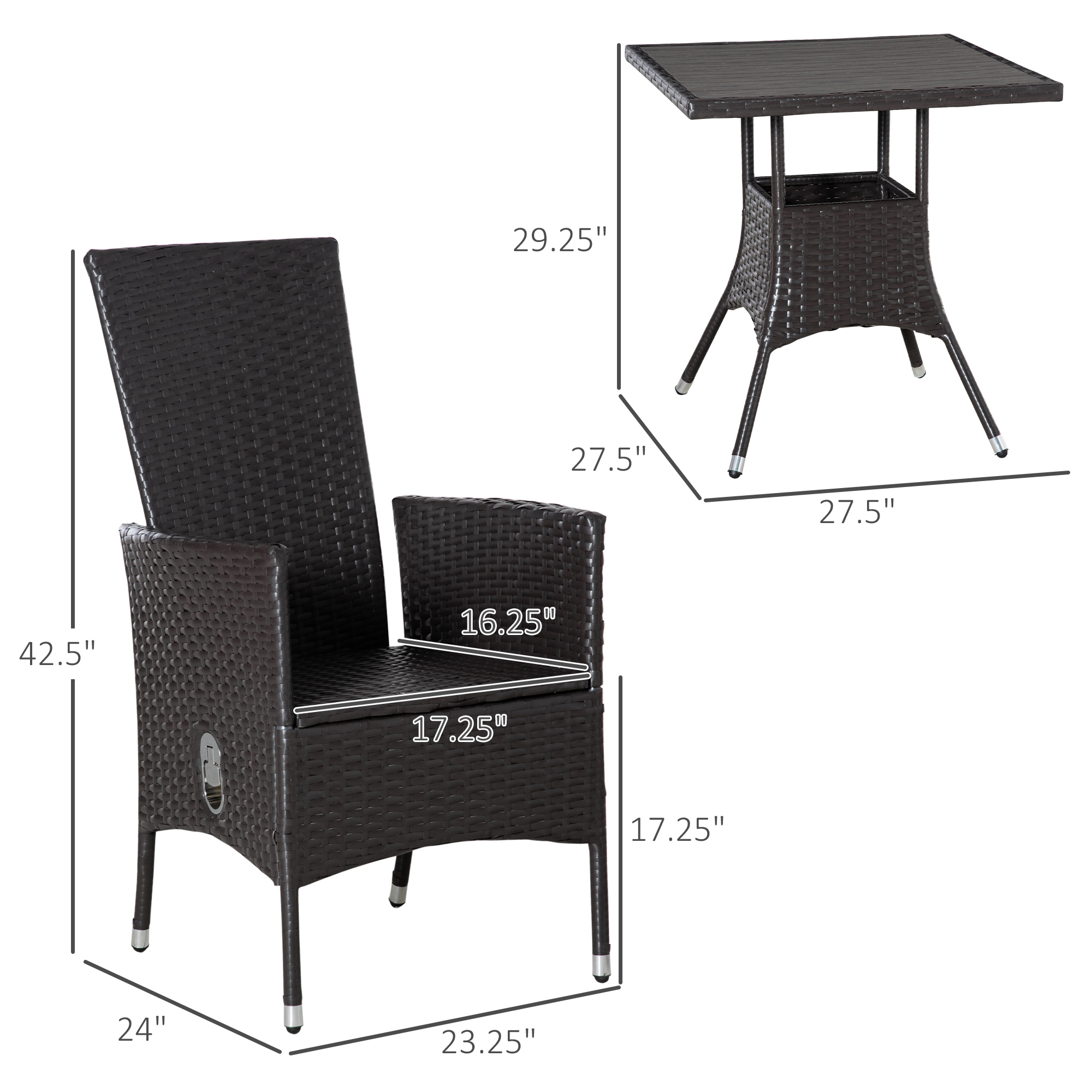 3 Piece Patio Bistro Set, PE Wicker Furniture Conversation Set W/ Tufted Cushion