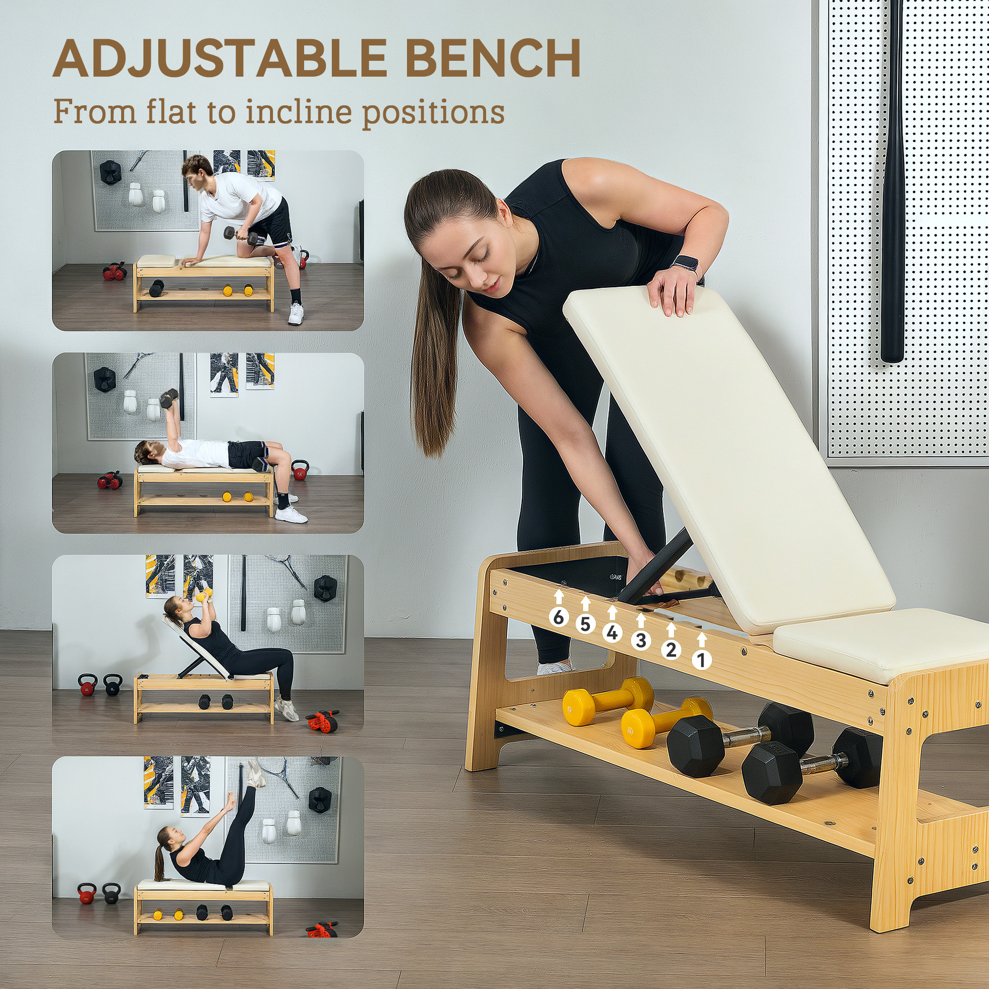 Wooden Adjustable Weight Bench With Dumbbell Rack, Flat Or Incline Workout... 4
