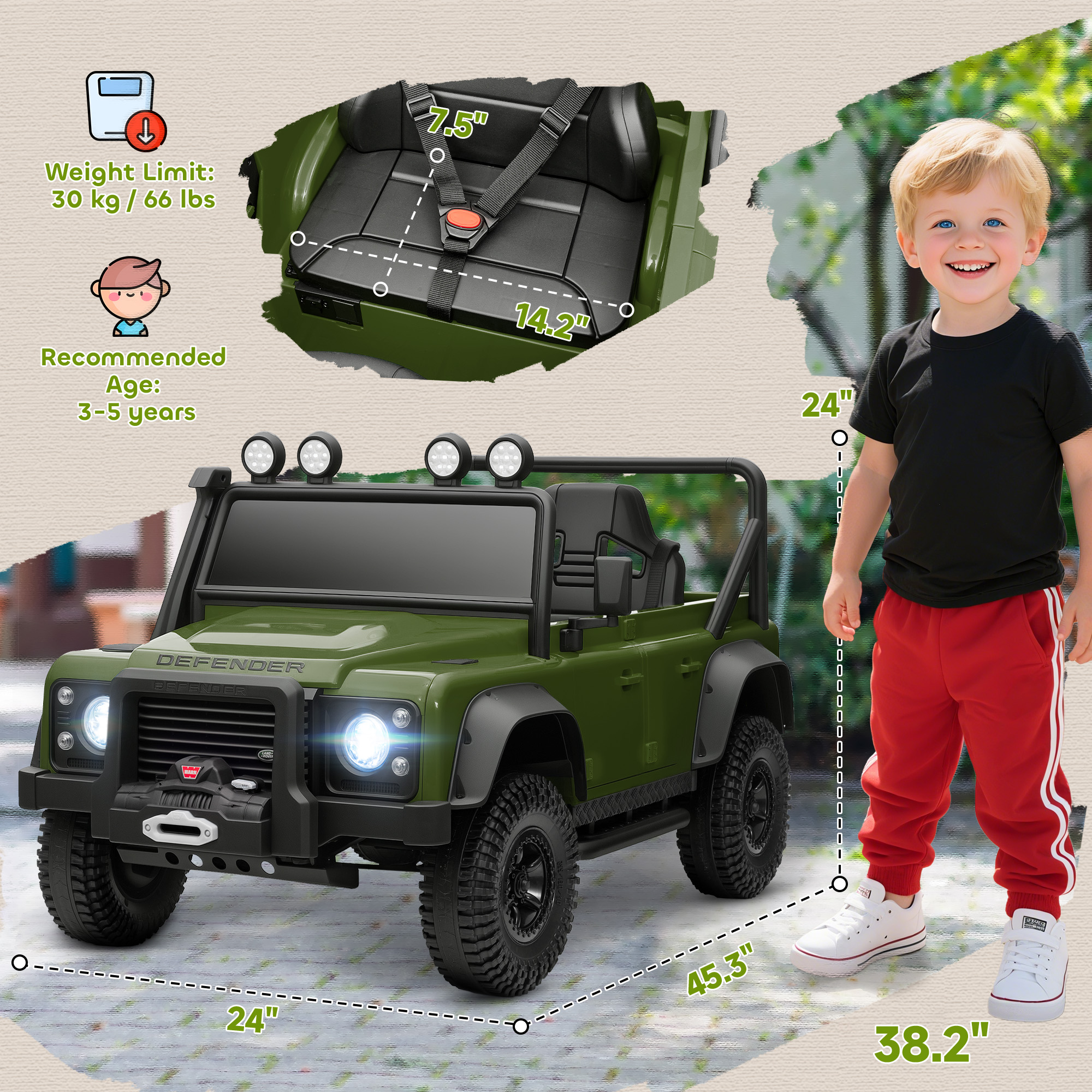 Land Rover Licensed Electric Car For Kids With Remote Control, Dual Motors, Spring Suspension, LED Lights, Dark Green_voghion.com