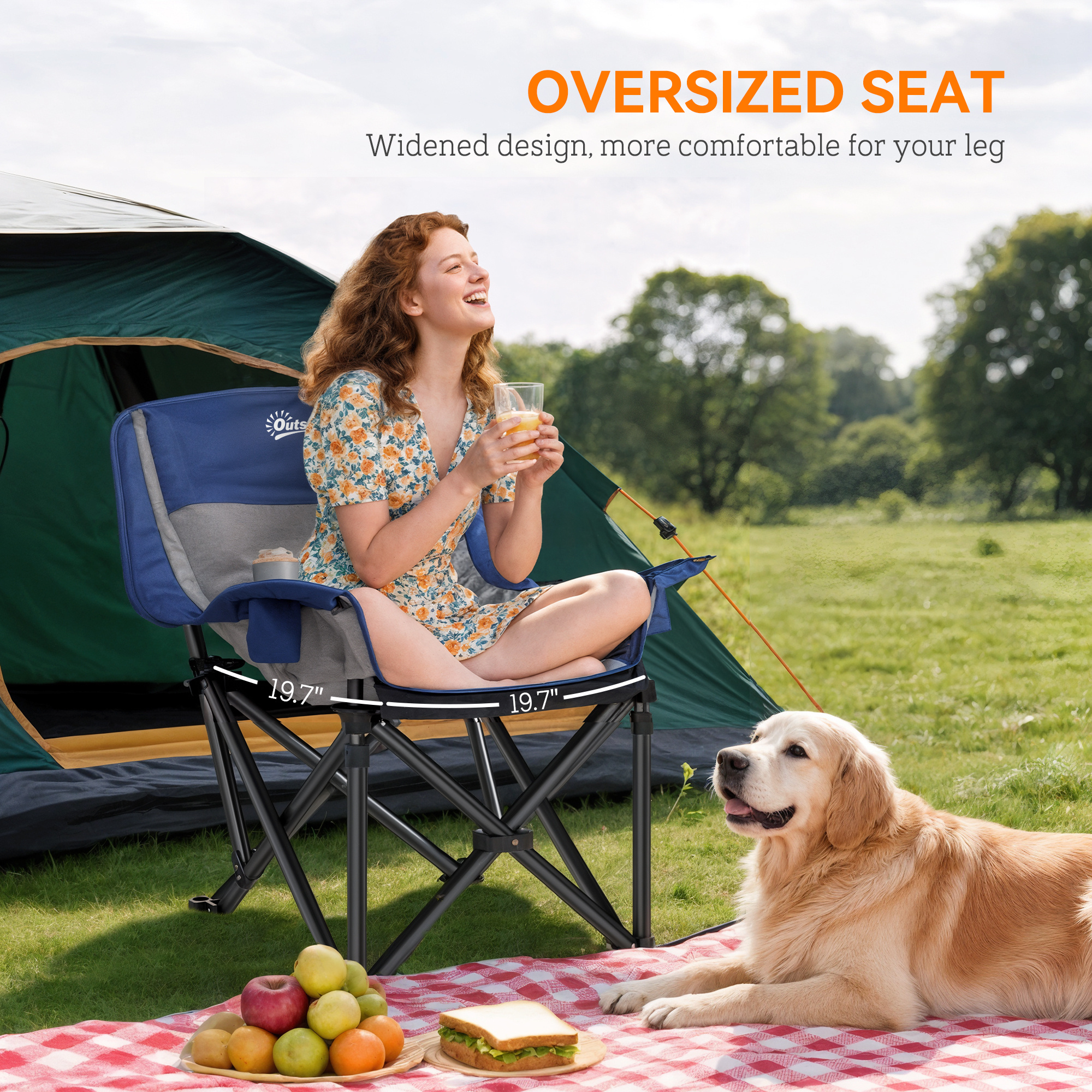 Camping Chair For Adults, Portable Folding Camping Chair With Side Pockets, Cup Holders, Carry Bag, Blue And Gray_voghion.com