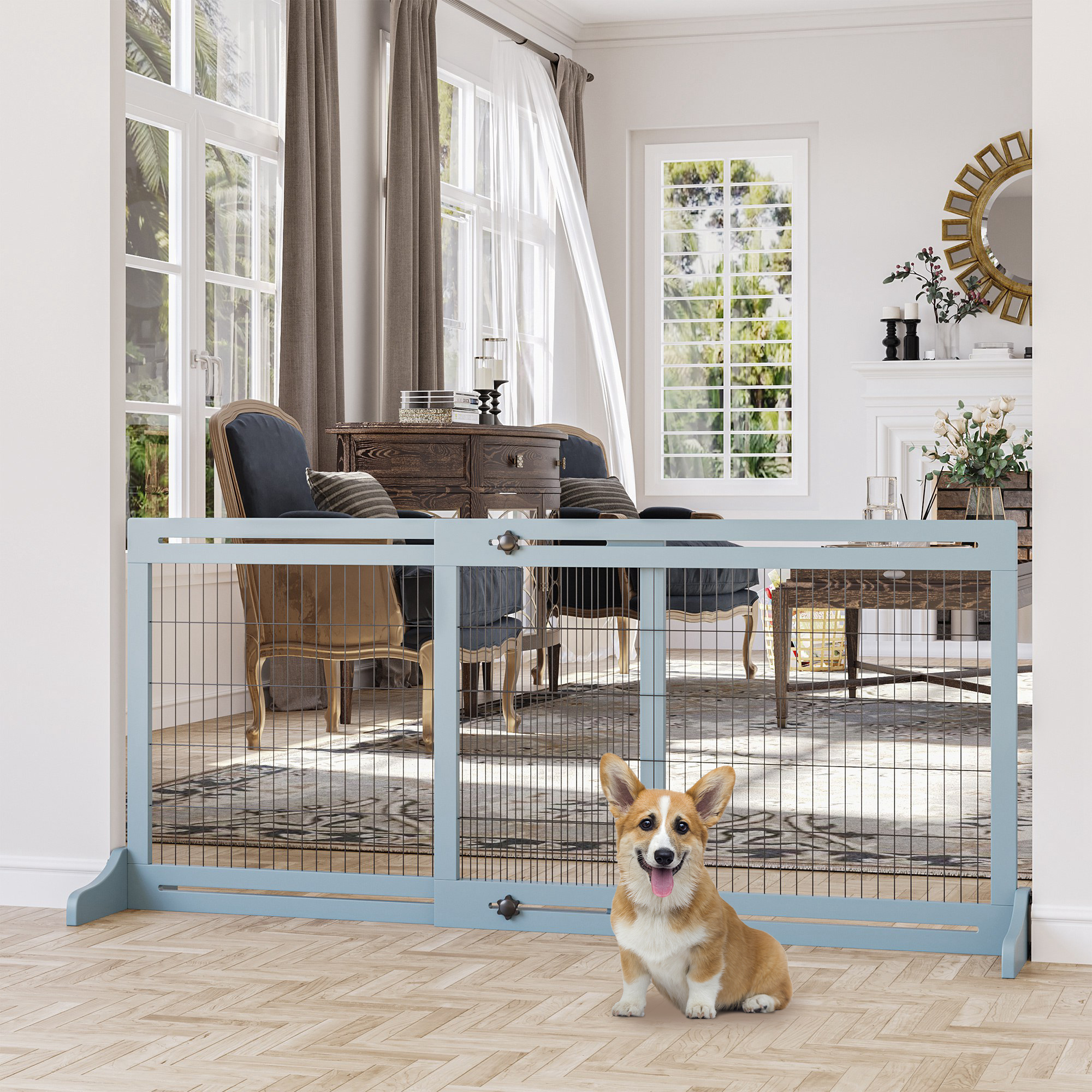 71" W X 27.25" H Extra Wide Freestanding Pet Gate With Adjustable Length Dog, Cat, Barrier For House, Doorway, Hallway, Blue-Gray - Image 1