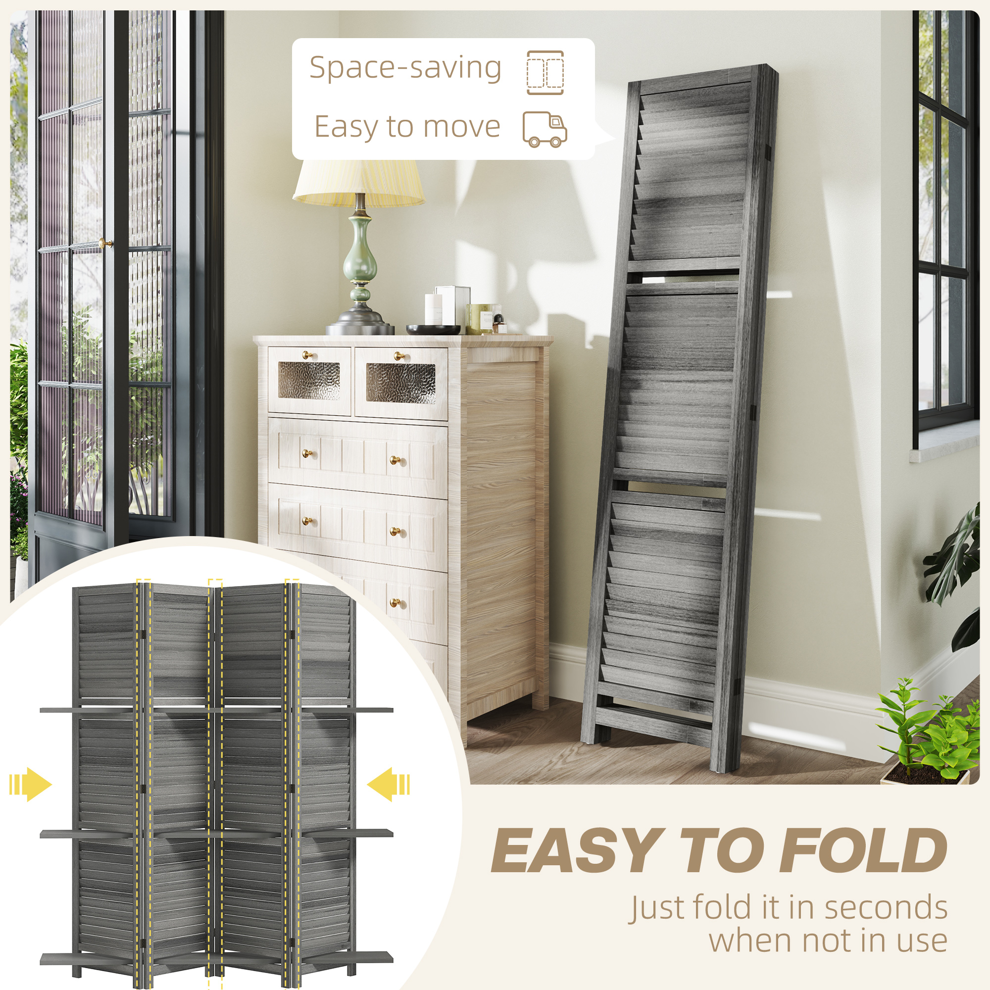 4 Panel 67" Tall Wood Privacy Screen Room Divider With 3 Shelves And Folding Storage For Bedroom, Gray_voghion.com