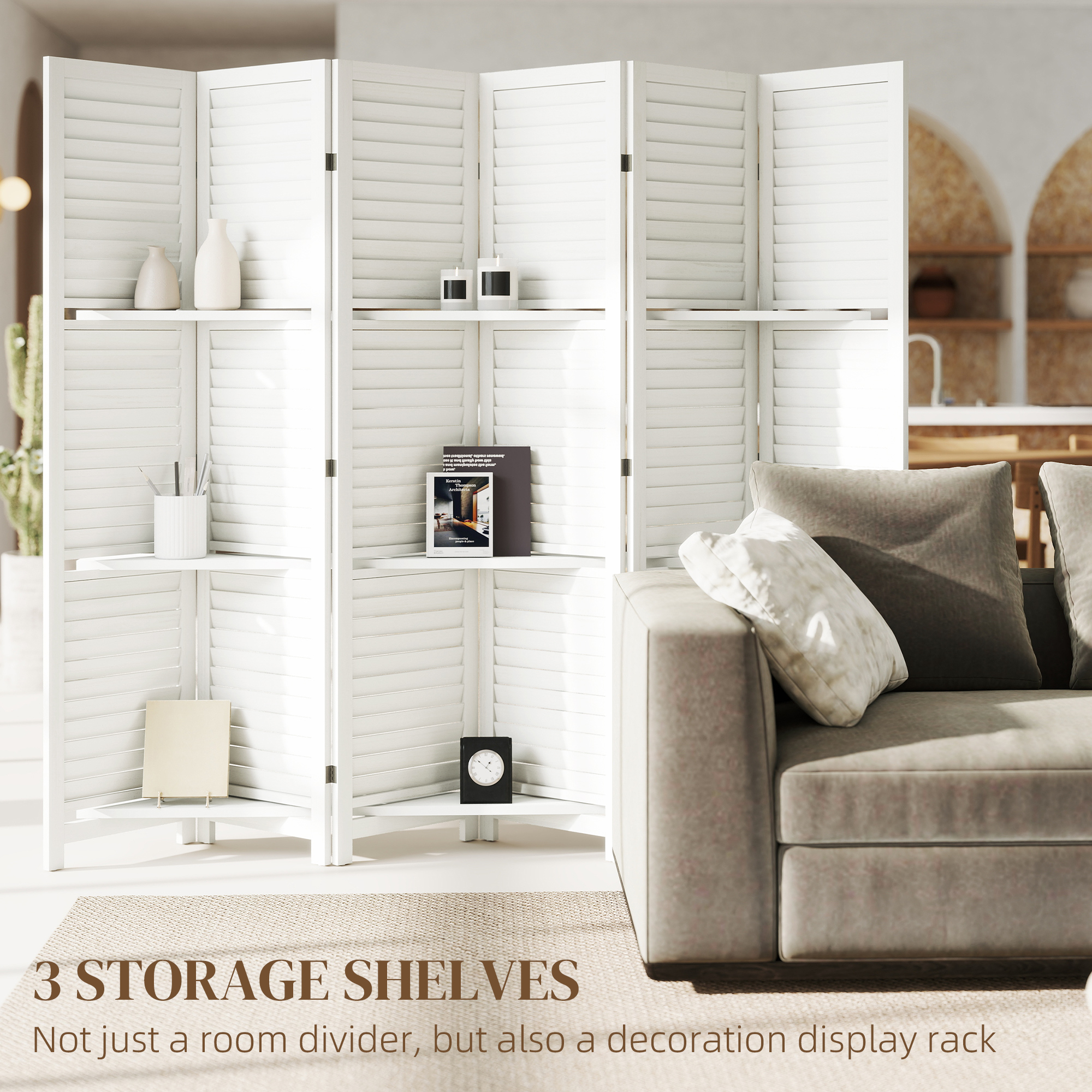 6 Panel 67" Tall Wood Privacy Screen Room Divider With 3 Shelves And Folding Storage For Bedroom, White_voghion.com