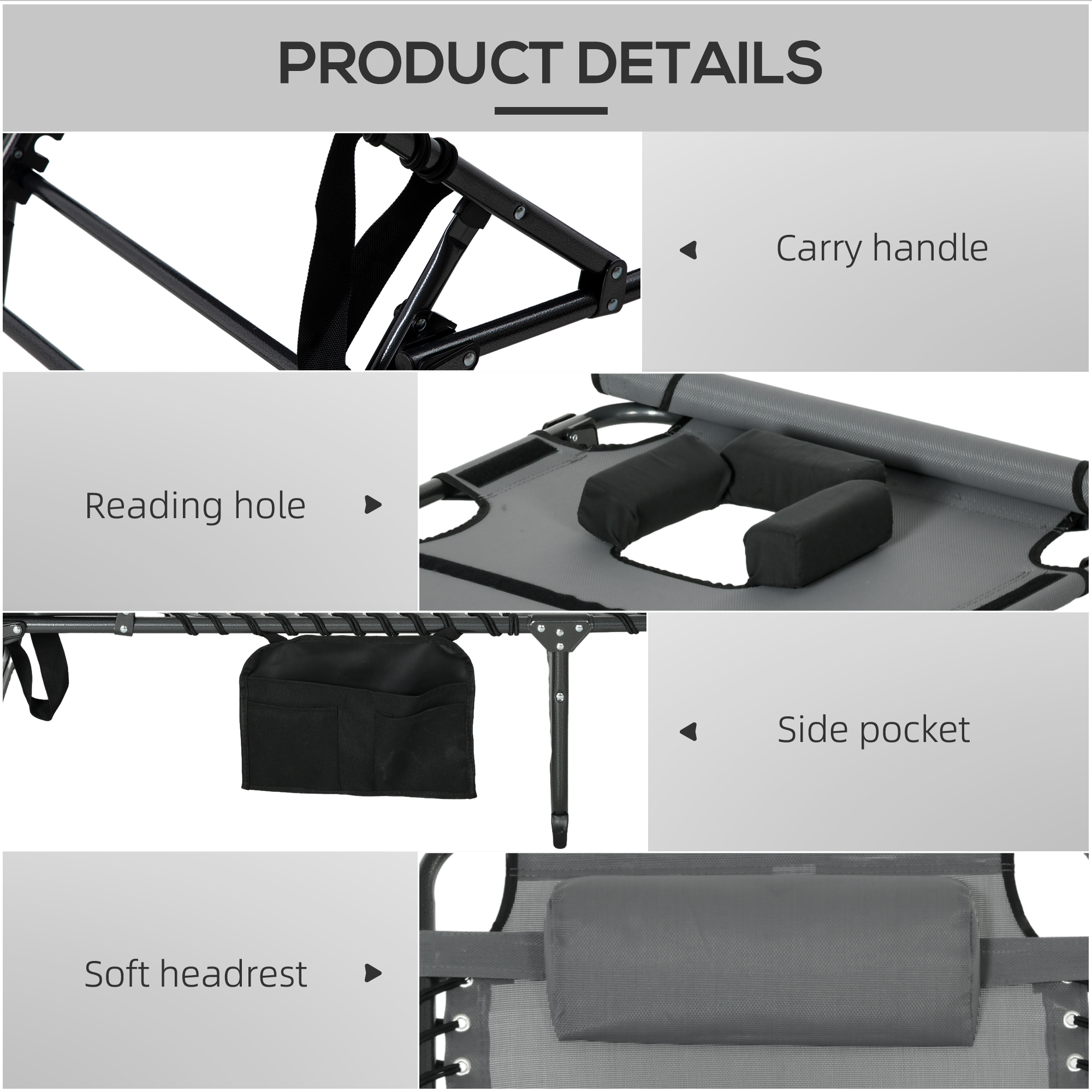 Folding Chaise Tanning Lounge Chair W/ 5-level Reclining Back, Reading Hole, Side Pocket, Headrest, Gray_voghion.com