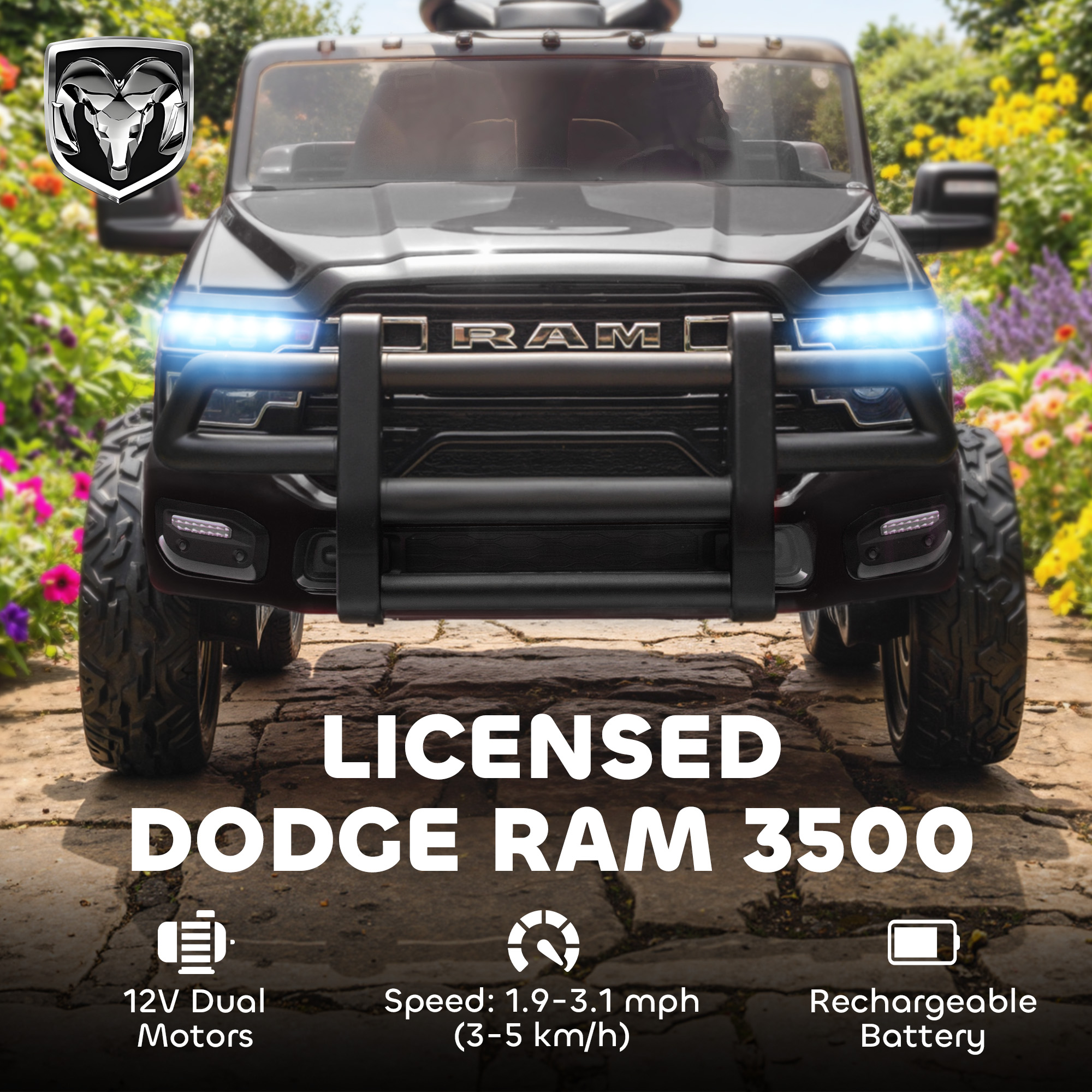 12V Kids Ride On Car, Licensed Dodge RAM 3500 Ride On Toys With Dual Motors, Remote Control For Toddlers, Black