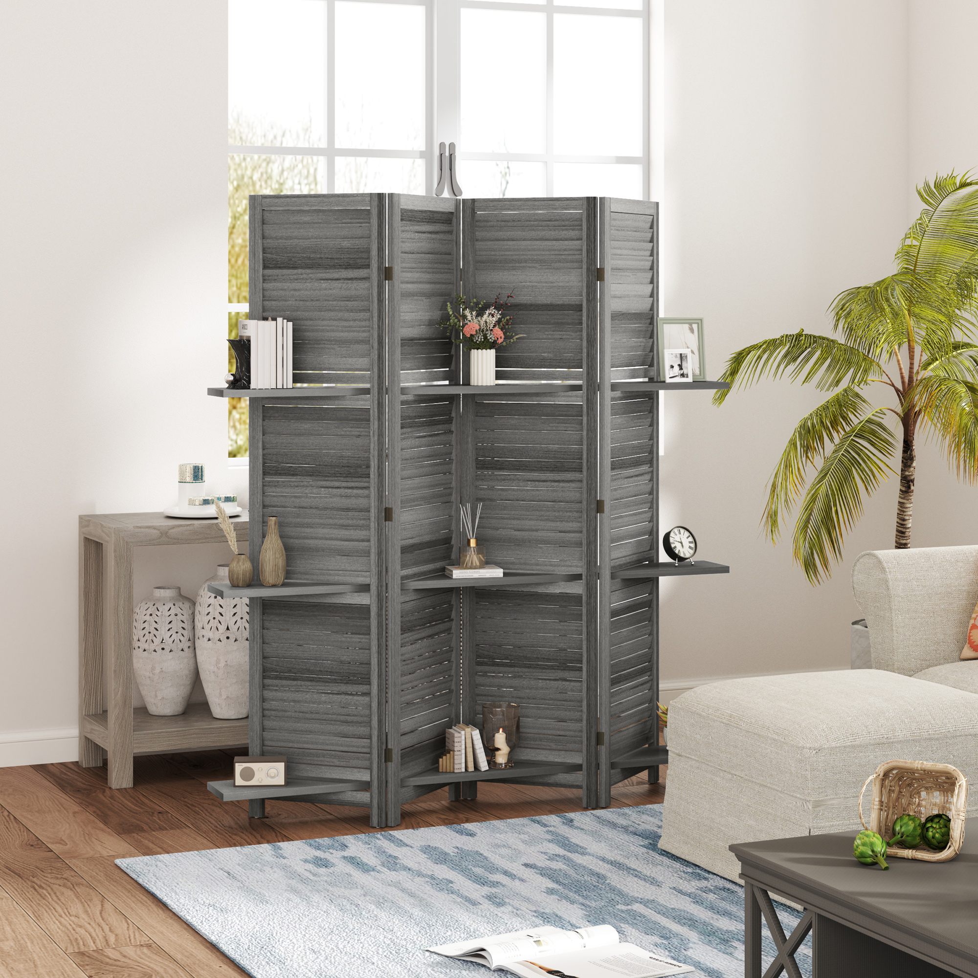 4 Panel Wooden Privacy Room Divider Screen With 3 Shelves Grey_voghion.com