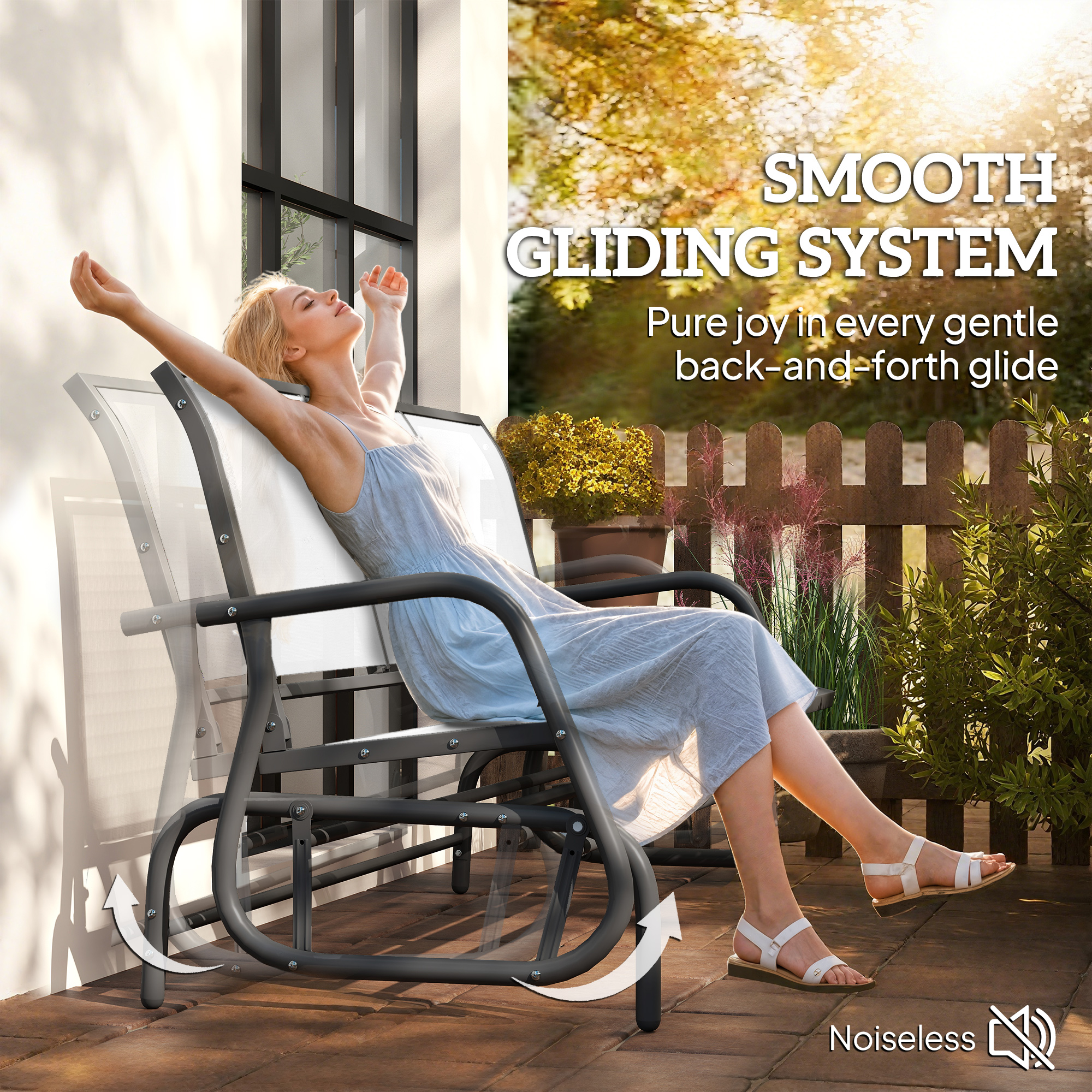 3-Person Outdoor Patio Glider Bench, Porch Glider Swing With 3 Seats, Breathable Mesh Fabric, Metal Frame, Cream White_voghion.com
