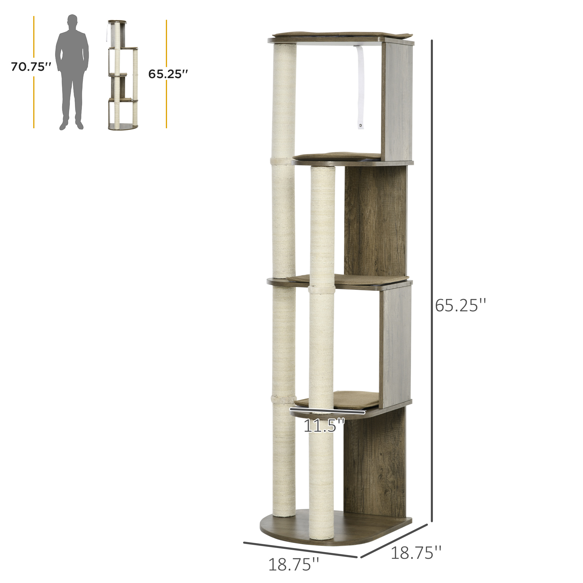 65" Corner Modern Cat Tree Tall For Climbing, Large Multilevel Cat Tower With Scratching Posts, Small-Fit Kitten Tower With Sisal, Cream White_voghion.com