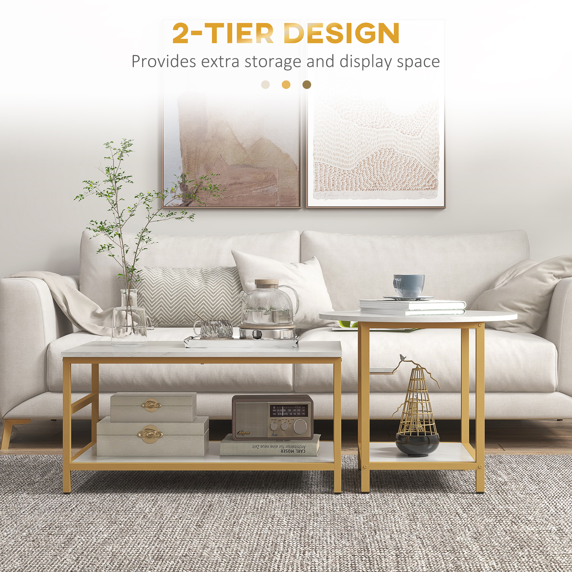 Coffee Tables Set Of 2, Rectangle And Round Coffee Table With Storage Shelves, Marble Top, Living Room Table Set_voghion.com