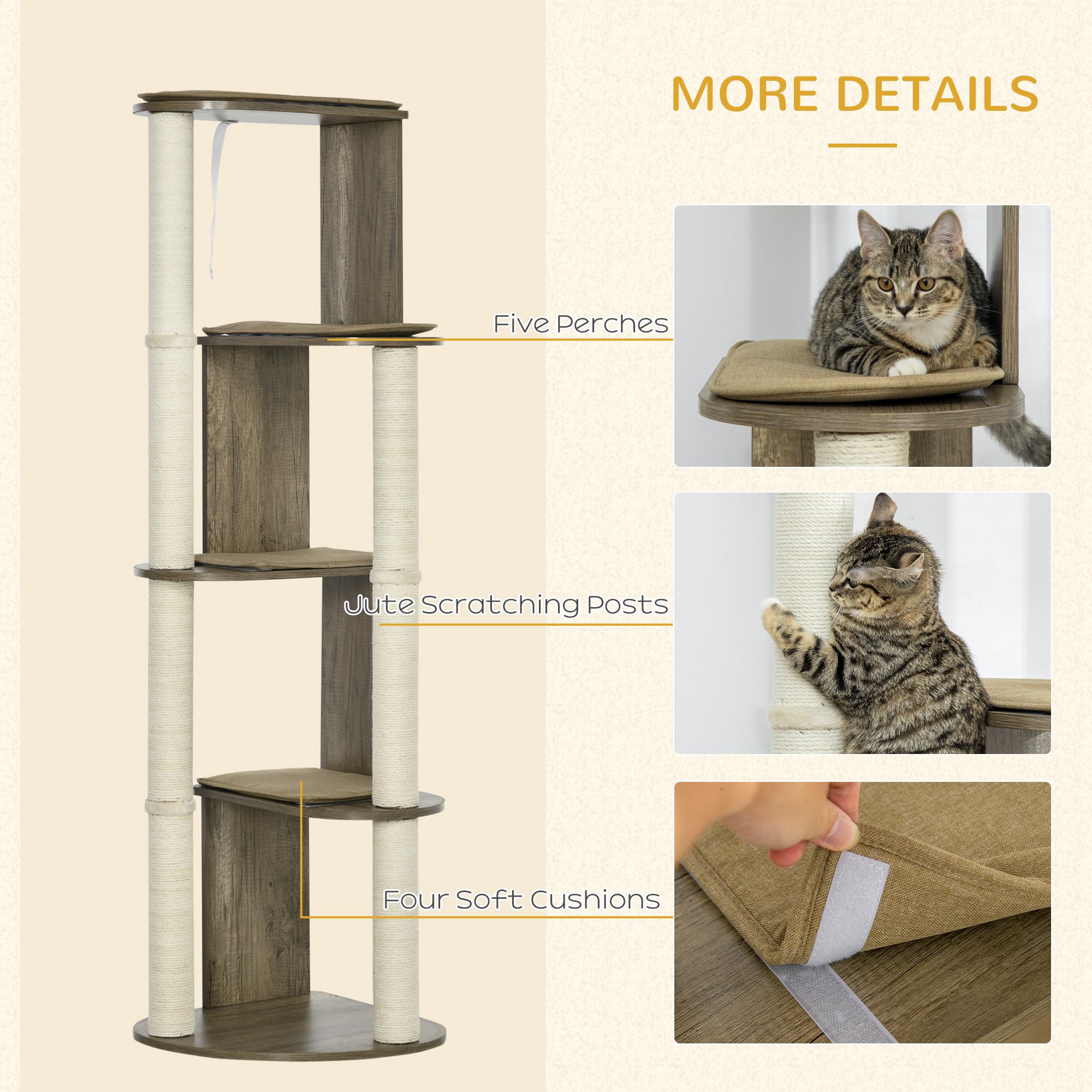 65" Corner Modern Cat Tree Tall For Climbing, Large Multilevel Cat Tower With Scratching Posts, Small-Fit Kitten Tower With Sisal, Cream White_voghion.com