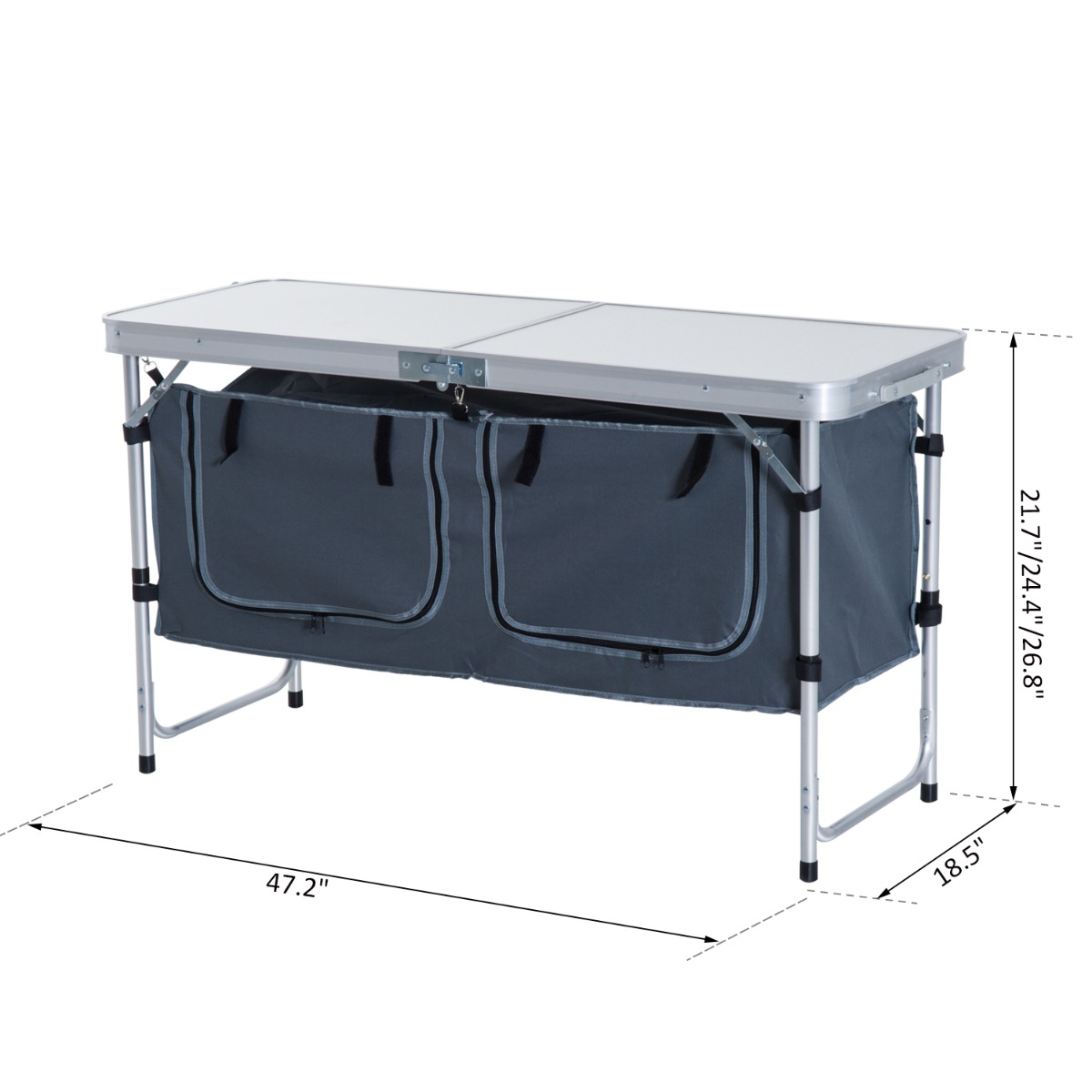 Portable aluminum camping table, foldable with handle and organizer.