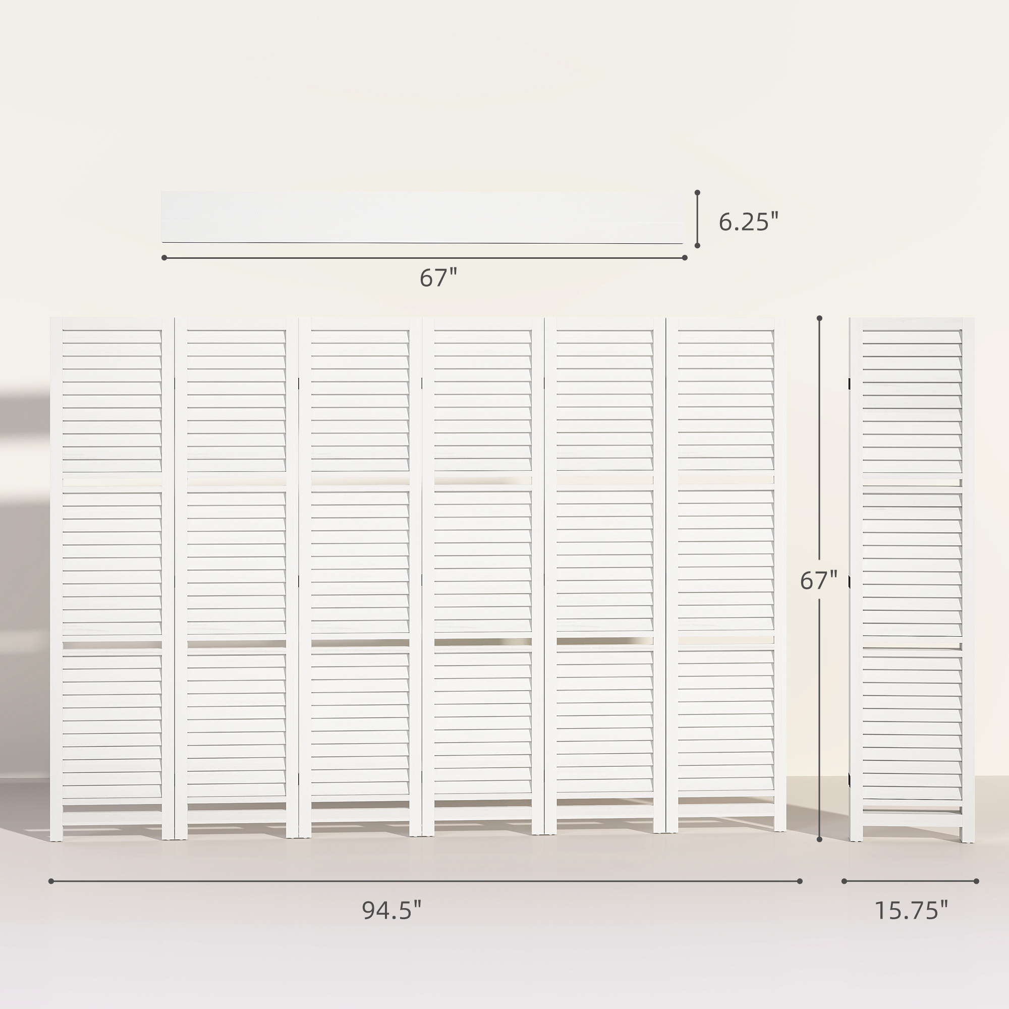 6 Panel 67" Tall Wood Privacy Screen Room Divider With 3 Shelves And Folding Storage For Bedroom, White_voghion.com