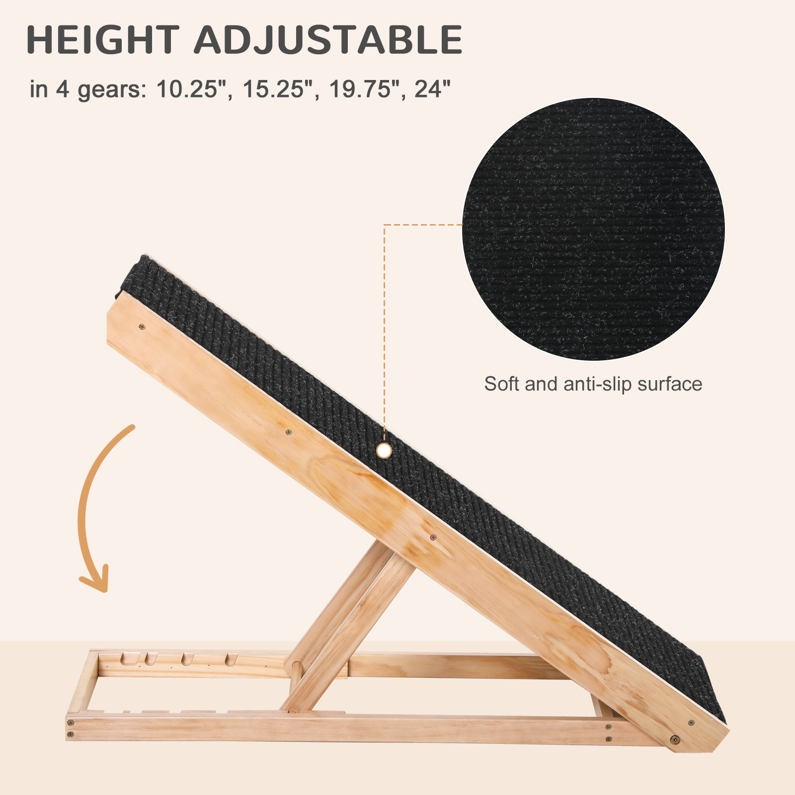 Elevated Dog Ramp For Bed, Foldable And Height Adjustable Pet Ramp For Cats With Non-Slip Finish, Pine 35.5" L X 16" W X 24" H, Black