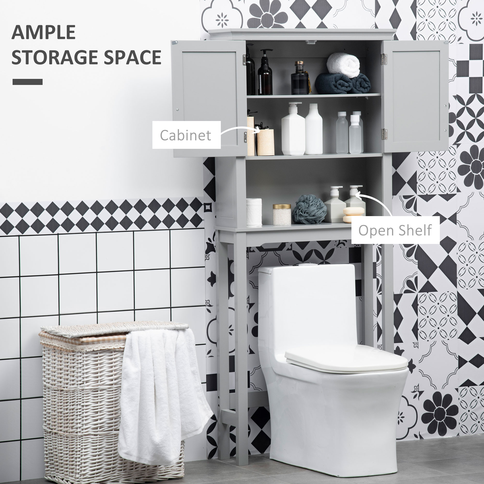Modern Over The Toilet Storage Cabinet, Double Door Bathroom Organizer With Inner Adjustable Shelf And Open Shelf, Gray_voghion.com