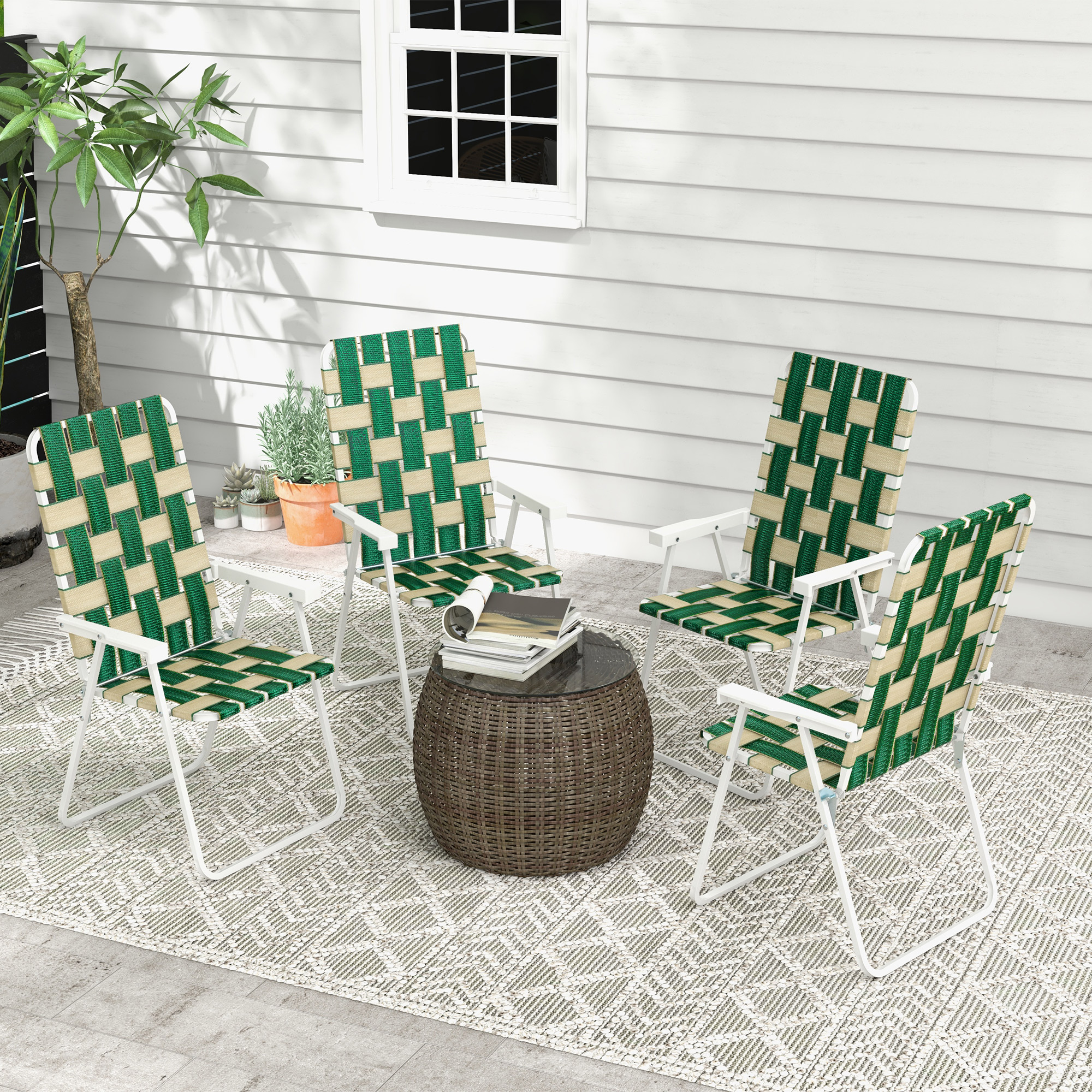 Set Of 4 Patio Folding Chairs, Classic Outdoor Camping Chairs, Portable Lawn Chairs W/ Armrests, Green