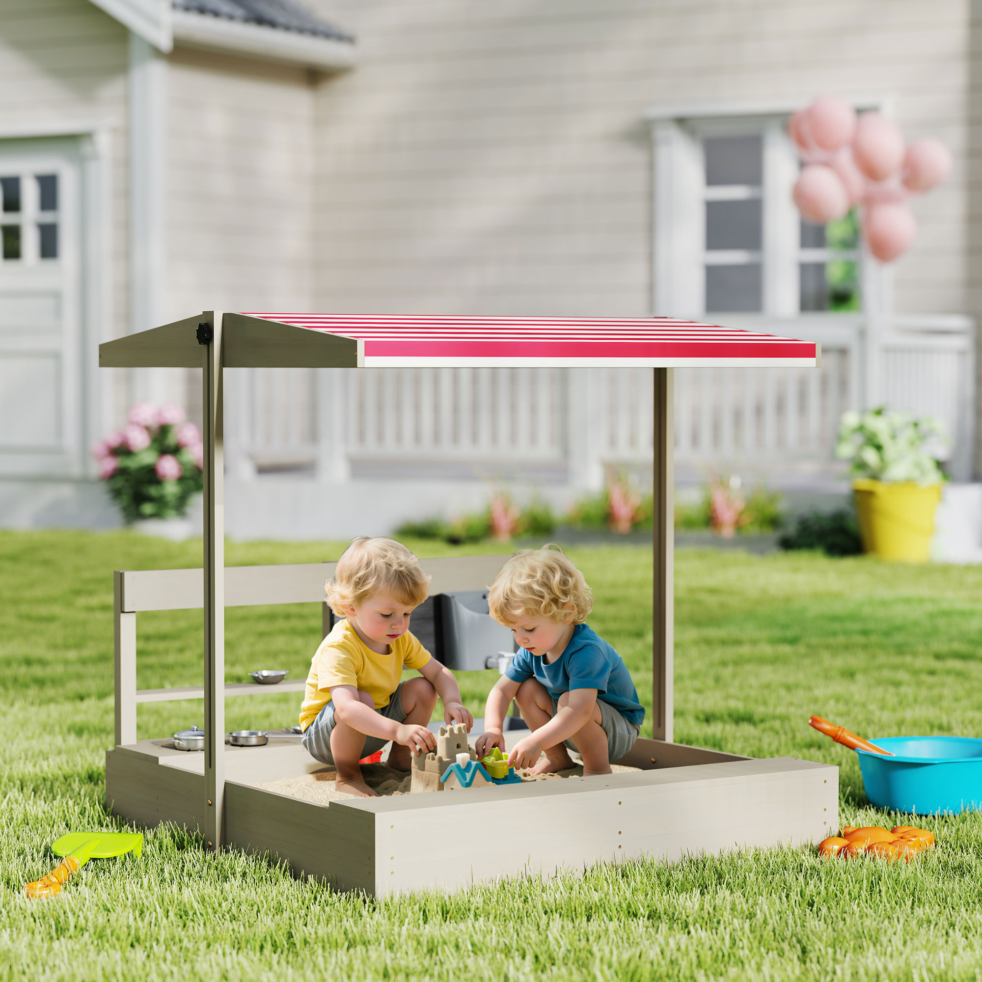 Kids Sandbox With Height Adjustable Canopy, Wooden Sandbox Backyard Toy With Kitchen Playset Accessories, Outdoor Activity Gift For Girls And Boys, Ages 3-7 - Image 1