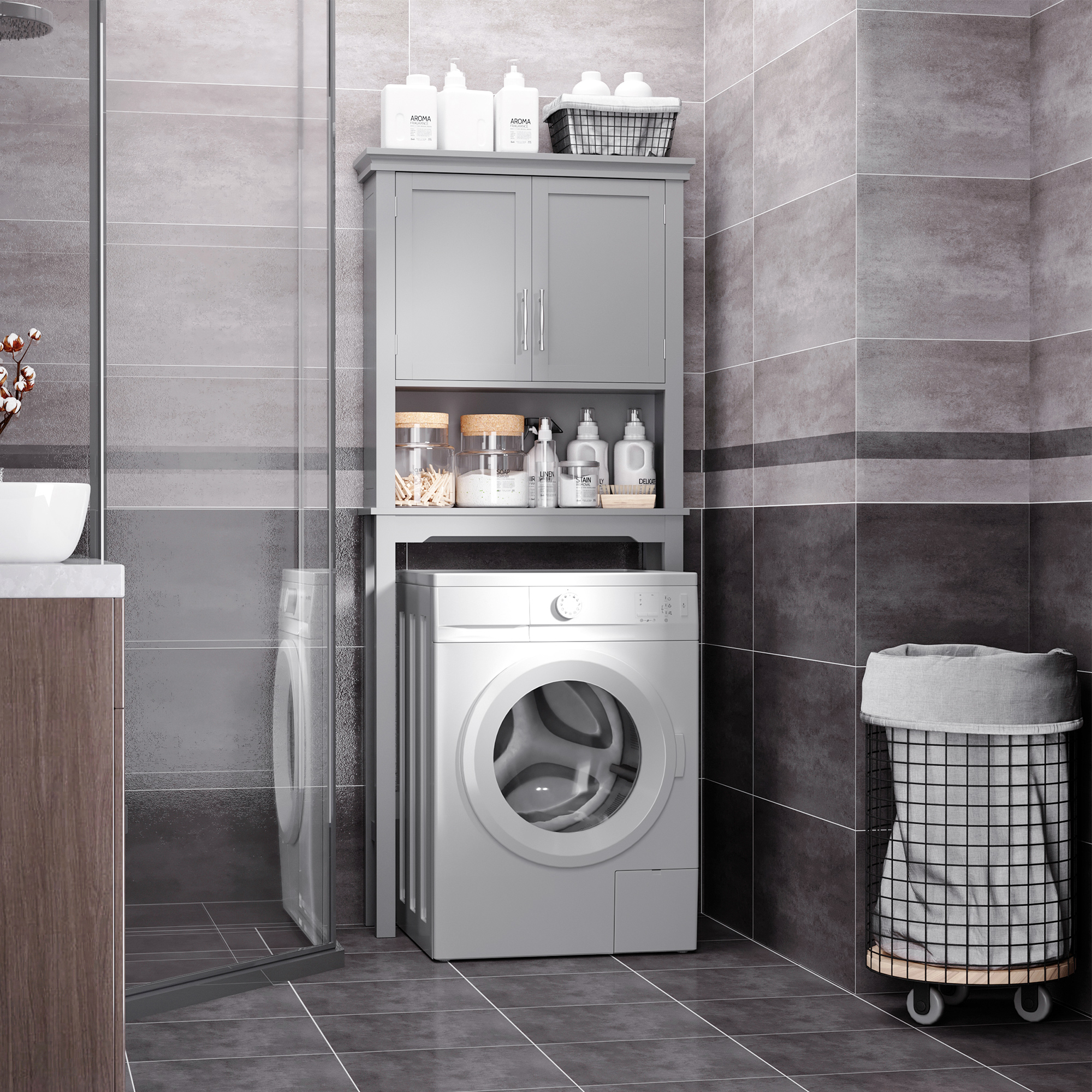 Modern Over The Toilet Storage Cabinet, Double Door Bathroom Organizer With Inner Adjustable Shelf And Open Shelf, Gray_voghion.com