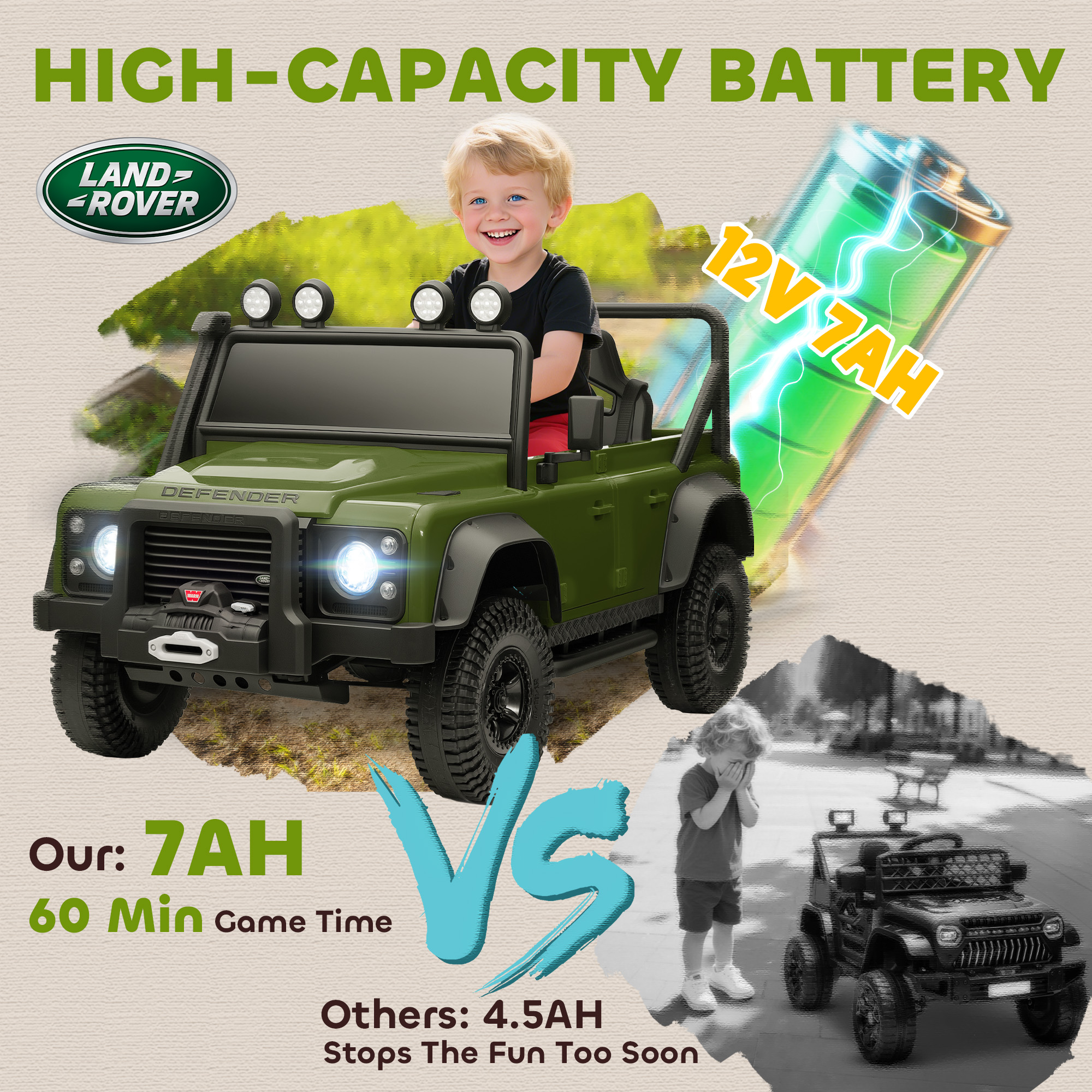 Land Rover Licensed Electric Car For Kids With Remote Control, Dual Motors, Spring Suspension, LED Lights, Dark Green_voghion.com