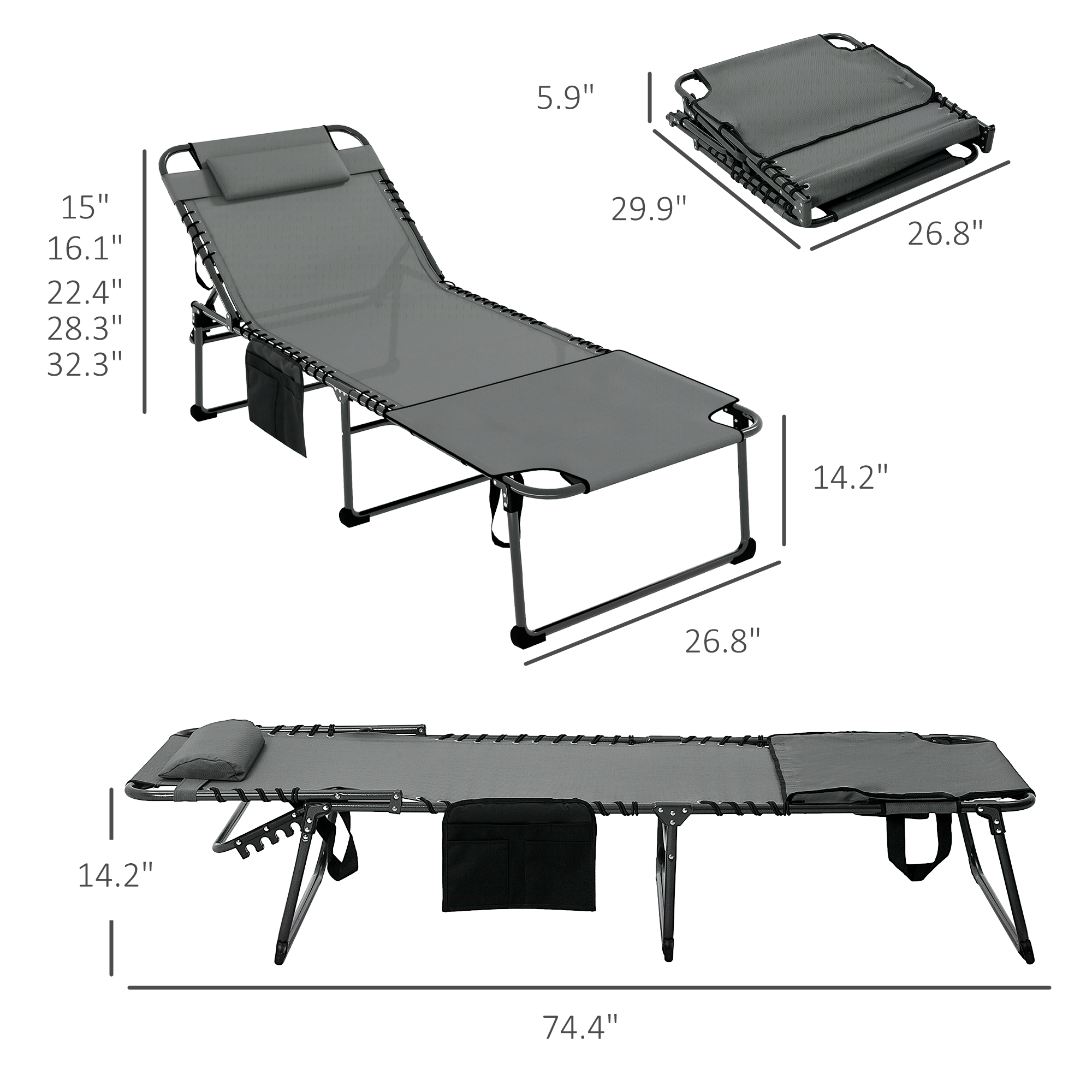 Folding Chaise Tanning Lounge Chair W/ 5-level Reclining Back, Reading Hole, Side Pocket, Headrest, Gray_voghion.com