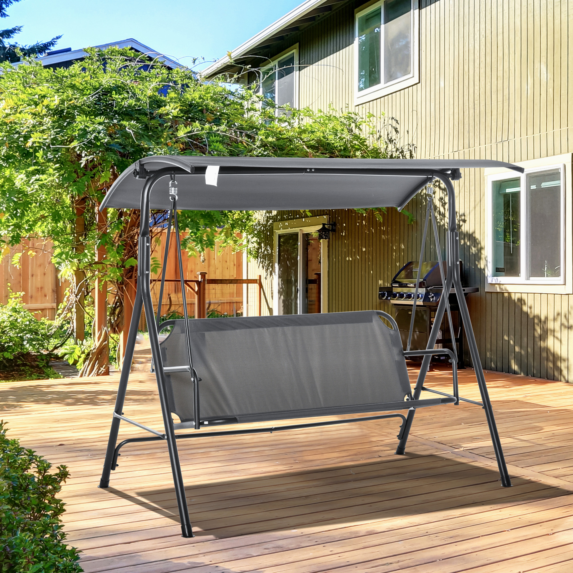 3-Person Porch Swing With Stand, Outdoor Swing For Patio Porch With Adjustable Tilt Canopy And Comfortable Swing Bench-Style Seat, Steel Frame, Gray_voghion.com