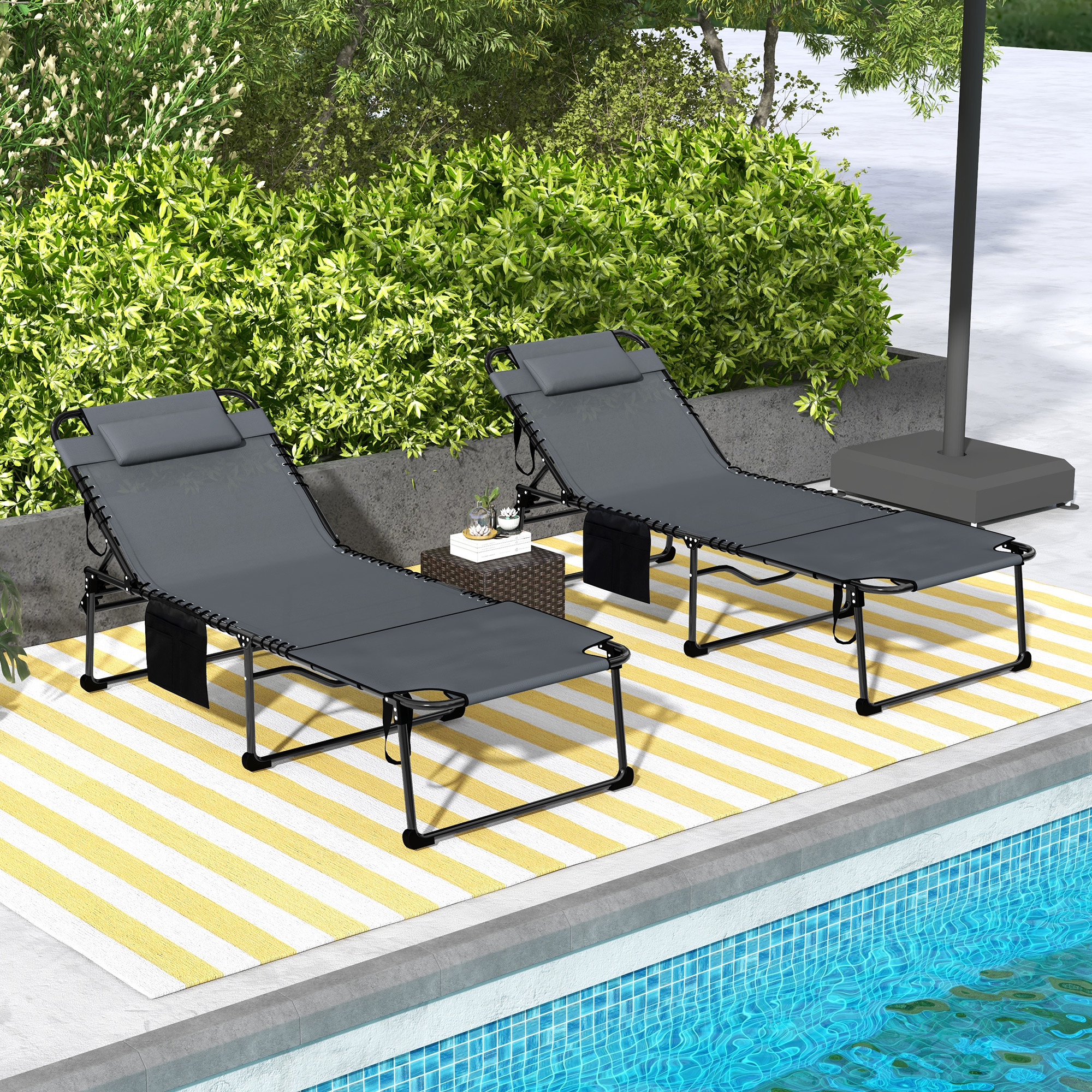 2 Piece Folding Chaise Lounge Pool Chairs With 5-level Reclining Back, Reading Hole, Side Pocket, Gray