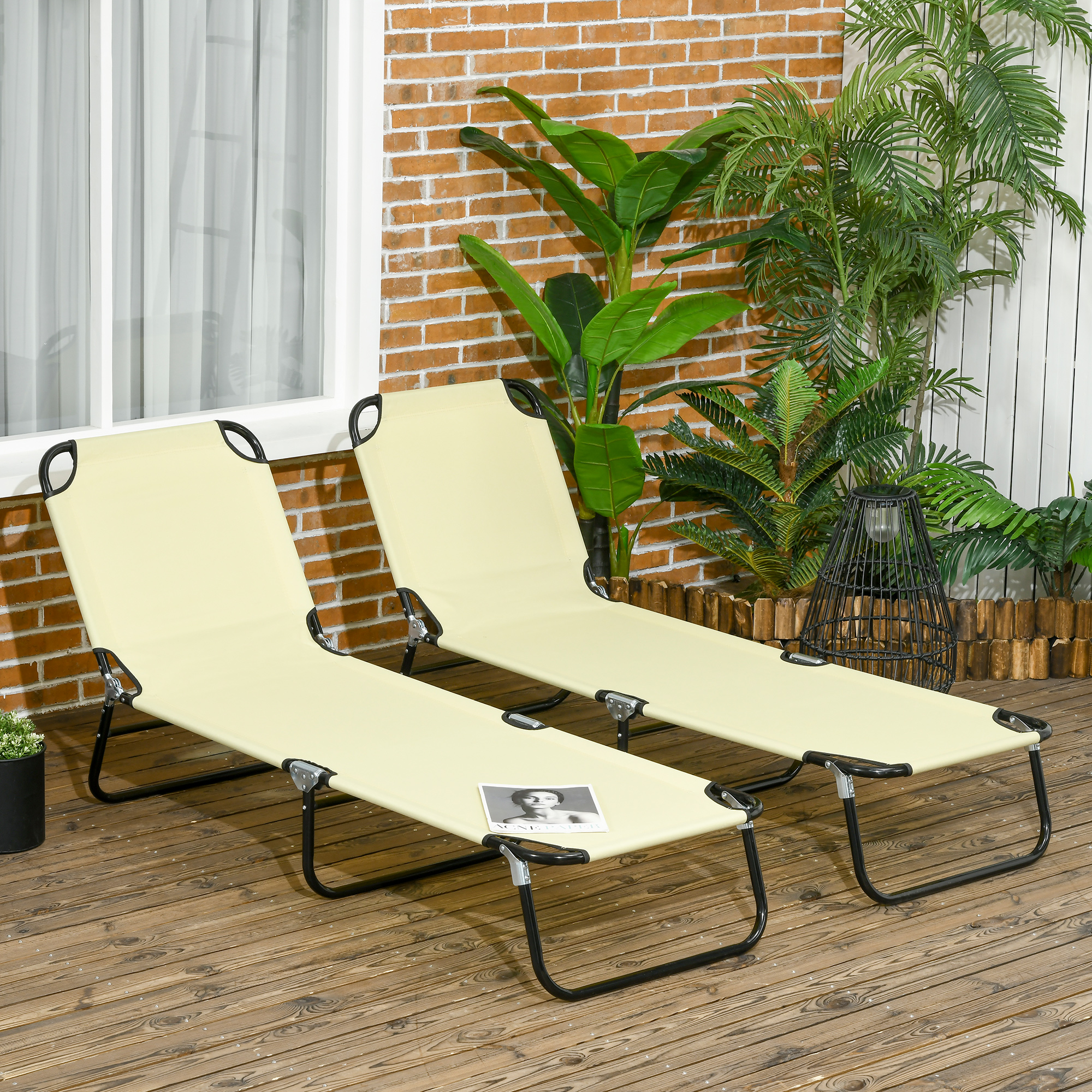 2 Piece Folding Chaise Lounge Pool Chairs, Outdoor Sun Tanning Chairs With 5-Level Reclining Back, Steel Frame For Beach, Yard, Patio, Beige