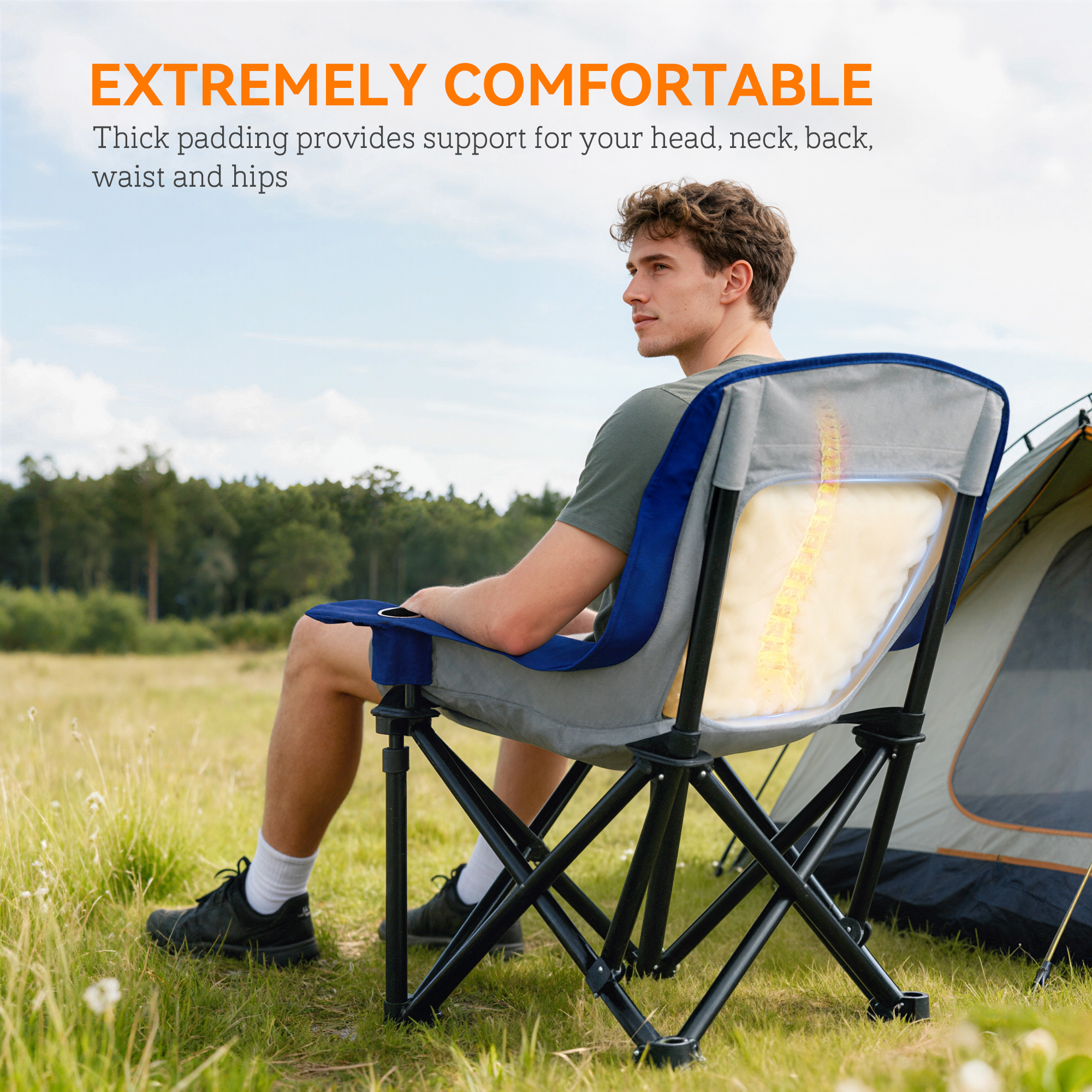 Camping Chair For Adults, Portable Folding Camping Chair With Side Pockets, Cup Holders, Carry Bag, Blue And Gray_voghion.com