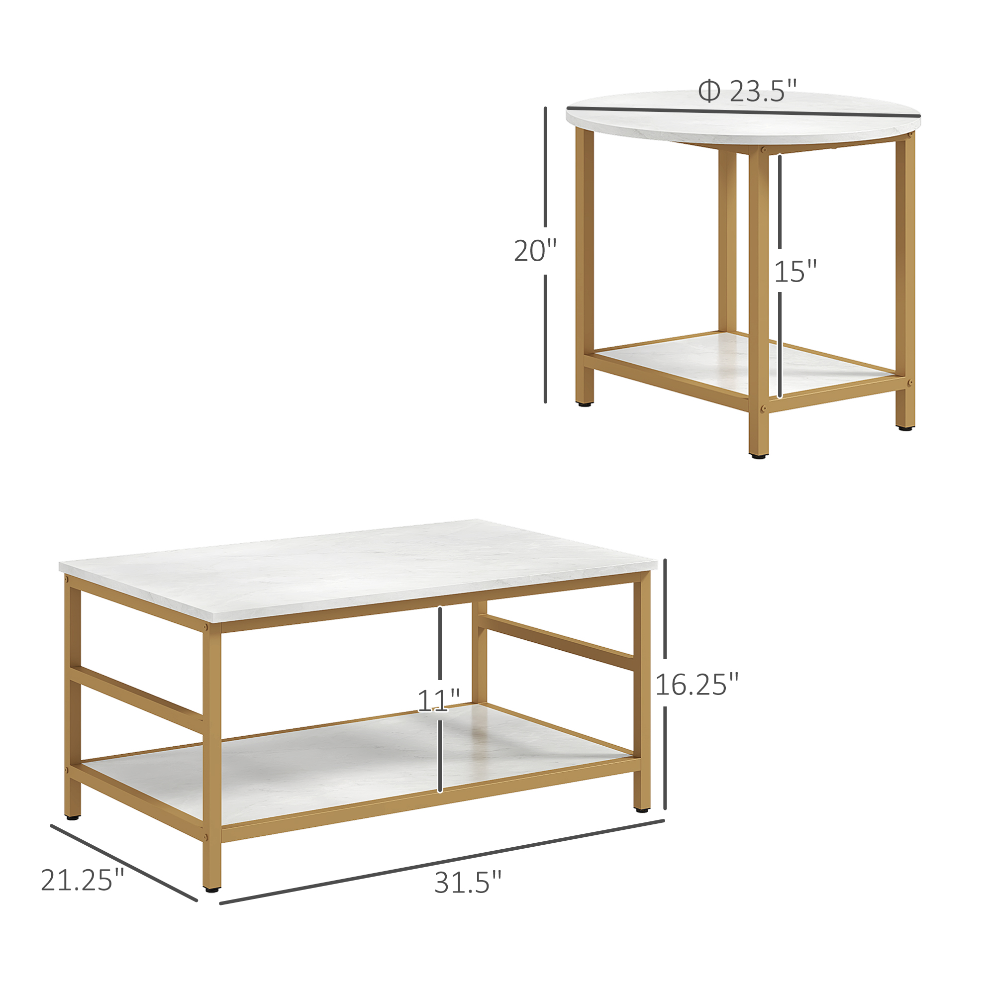 Coffee Tables Set Of 2, Rectangle And Round Coffee Table With Storage Shelves, Marble Top, Living Room Table Set_voghion.com