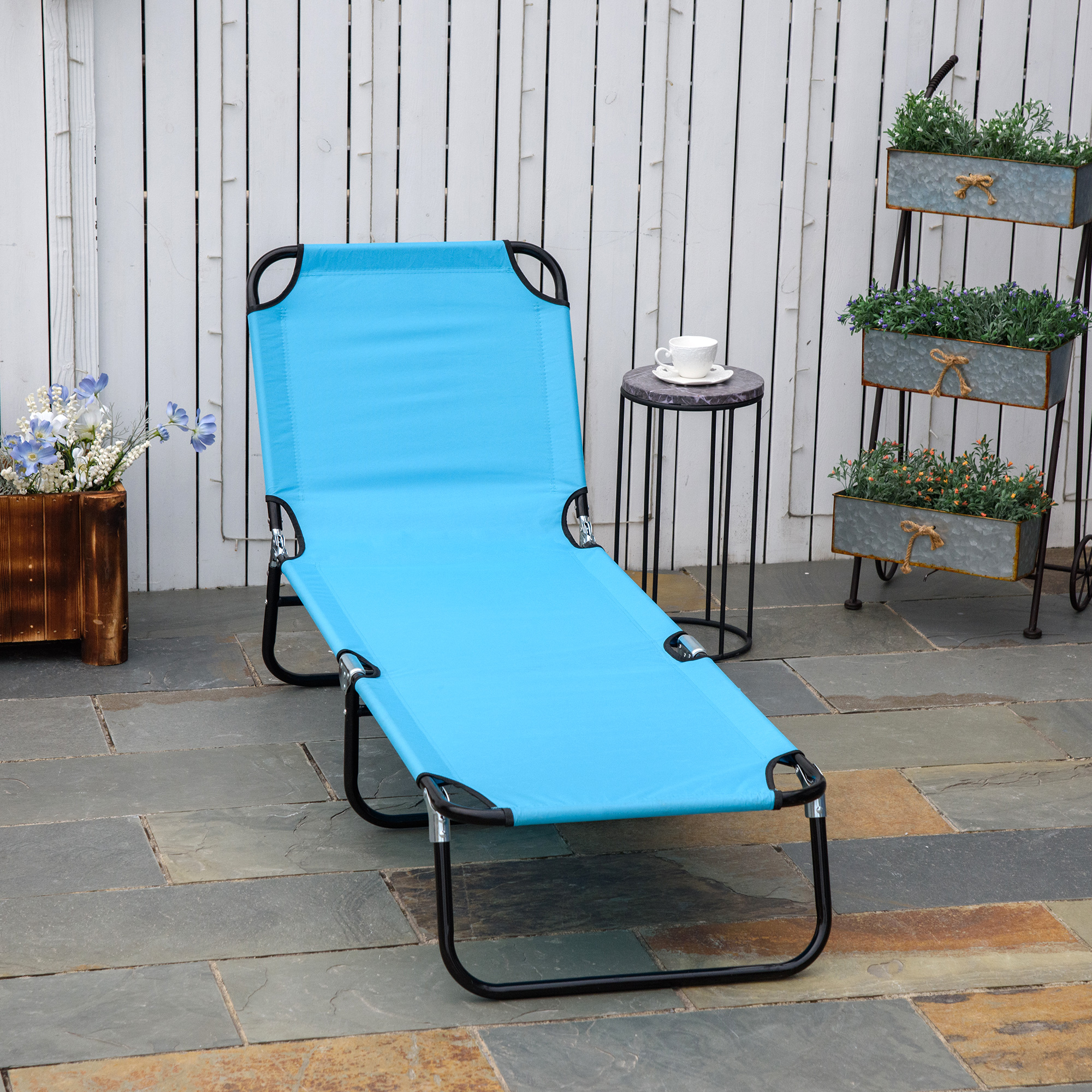Folding Chaise Lounge Pool Chairs, Outdoor Sun Tanning Chairs With 5-Level Reclining Back, Steel Frame For Beach, Yard, Patio, Sky Blue