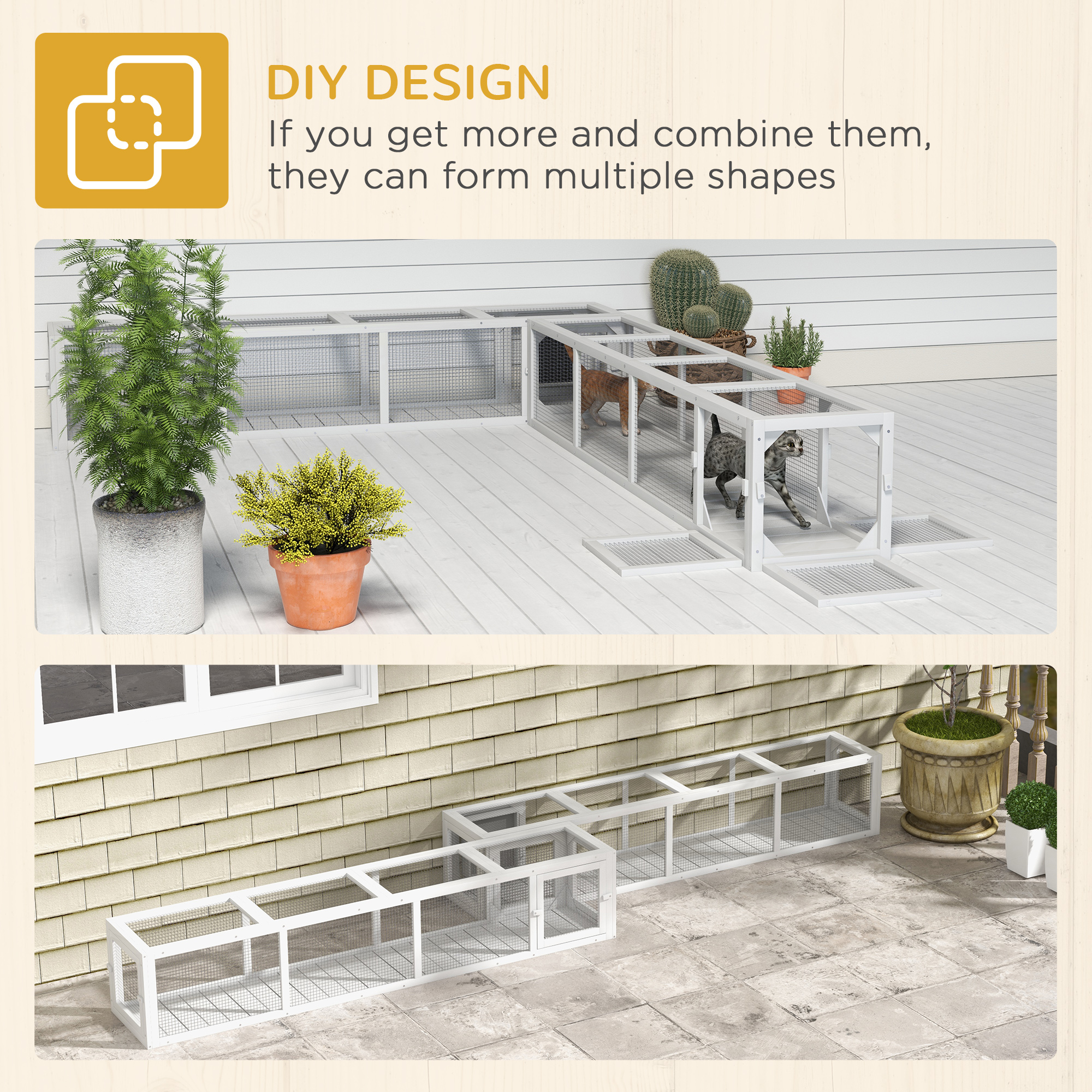 Wooden Cat Run With Weather Protection, Connecting Inside And Outside, 79"L X 15"W X 15"H, White