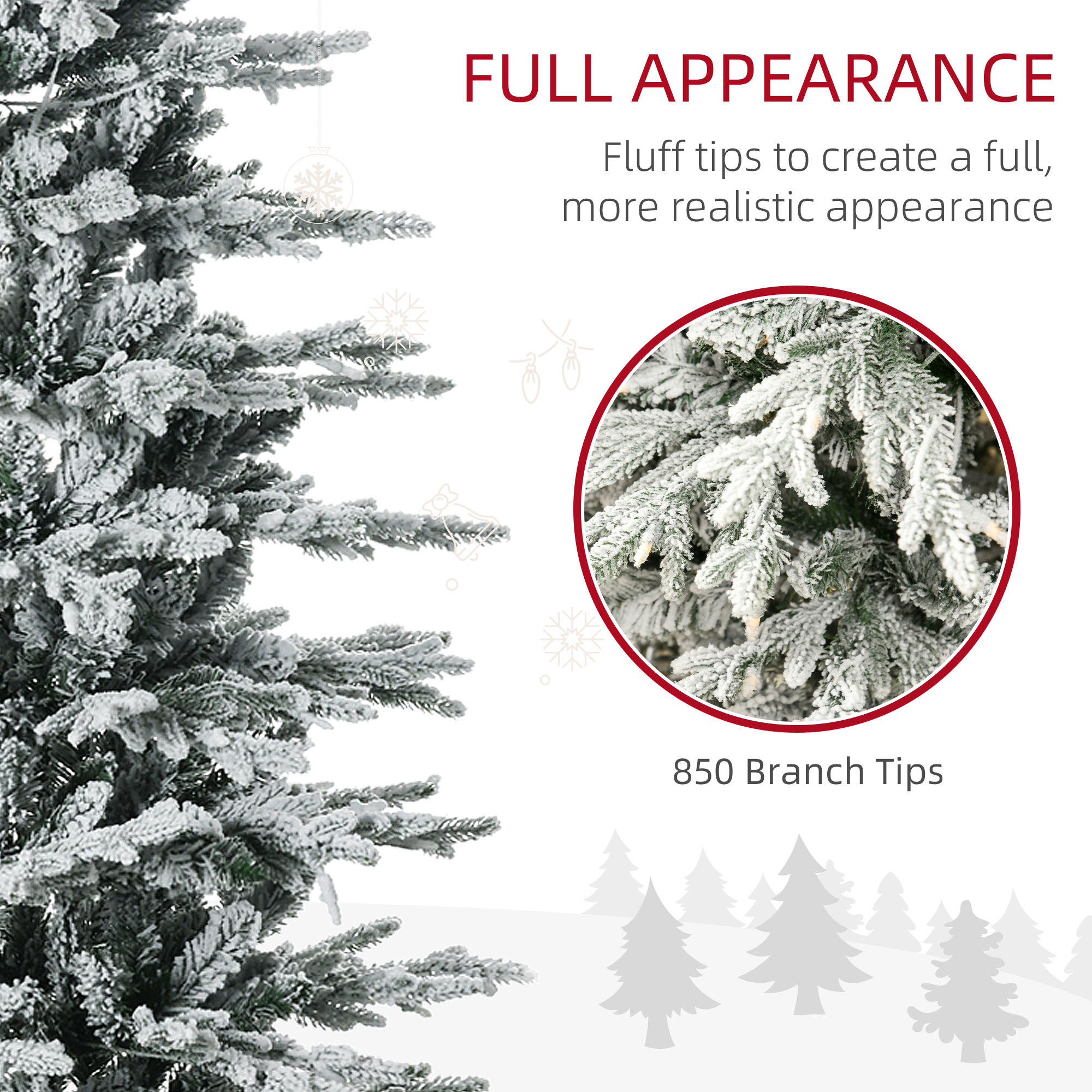 7.5' Pre Lit Artificial Flocked Christmas Trees, With Snow Branches, Warm Yellow Clear Lights, Auto Open, Extra Bulb