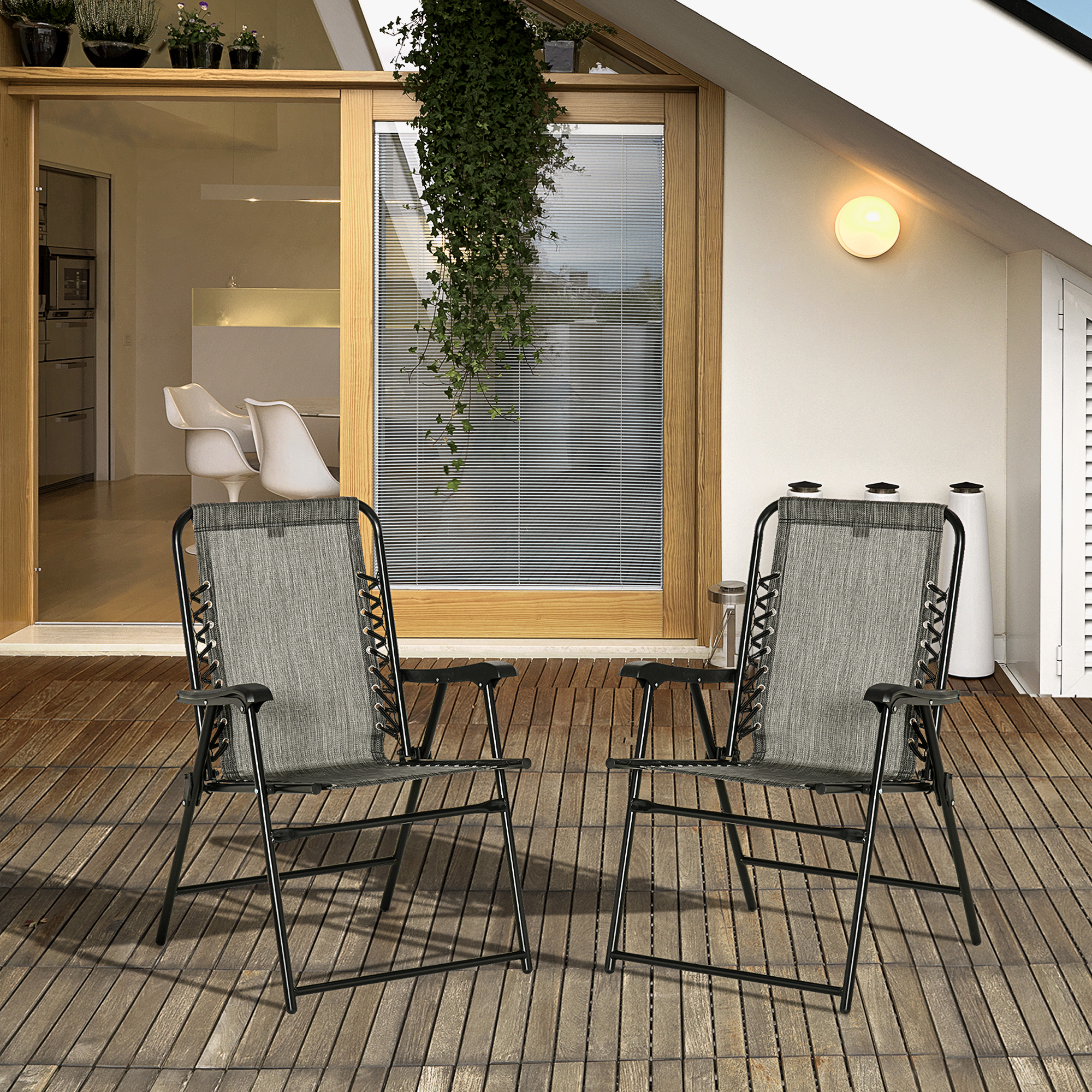 2 Pieces Outdoor Folding Chair Set, Portable Capimg Chairs With Armrest For Patio, Pool, Beach, Gray