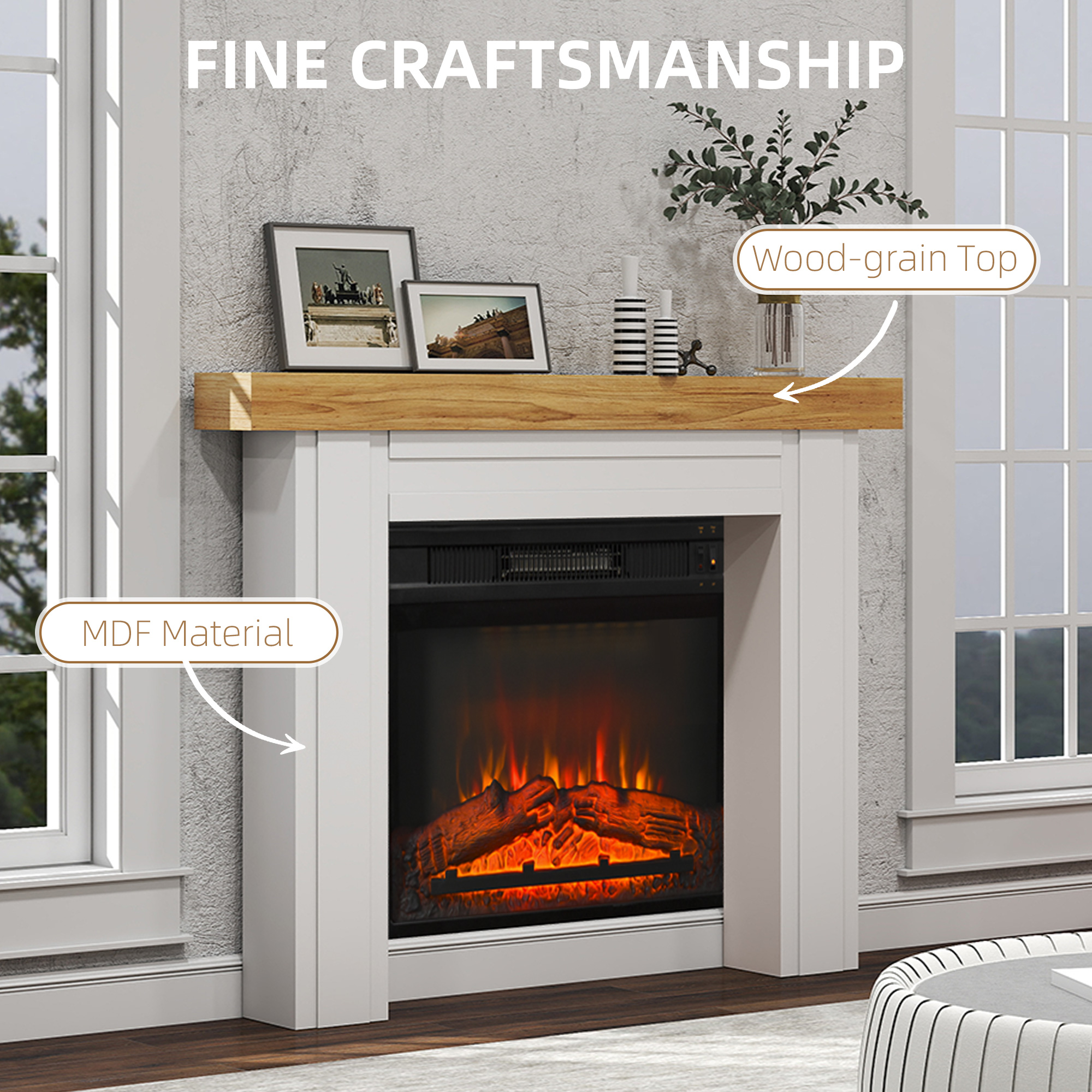 Modern Fireplace Mantel, Freestanding Fireplace Surround With Leg For Electric Fireplaces, 51.2" W X 40.6" H, Natural Wood