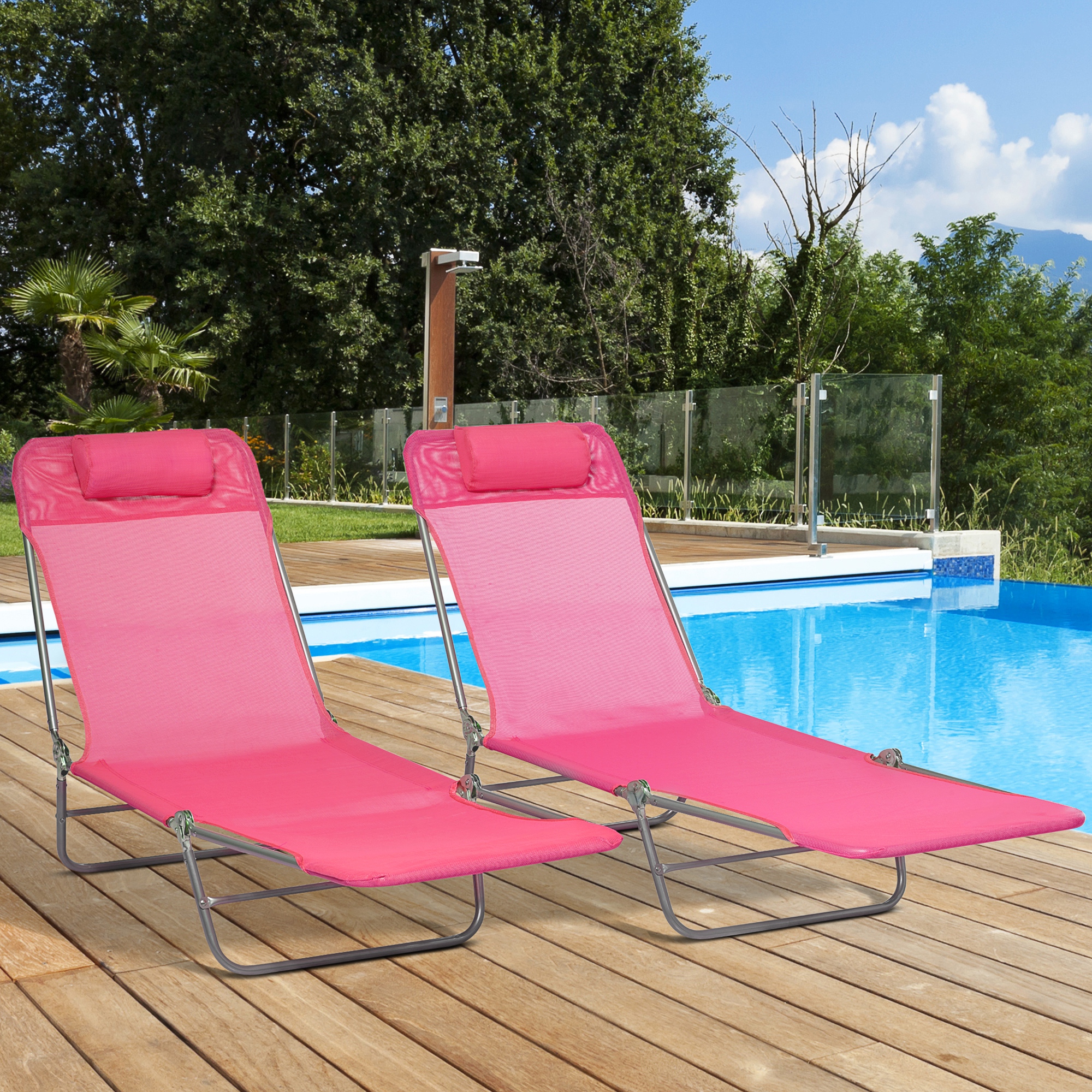 2 Piece Folding Chaise Lounge Chairs, Pool Sun Tanning Chairs With Reclining Back, Breathable Mesh Seat, Headrest For Beach, Yard, Patio, Pink