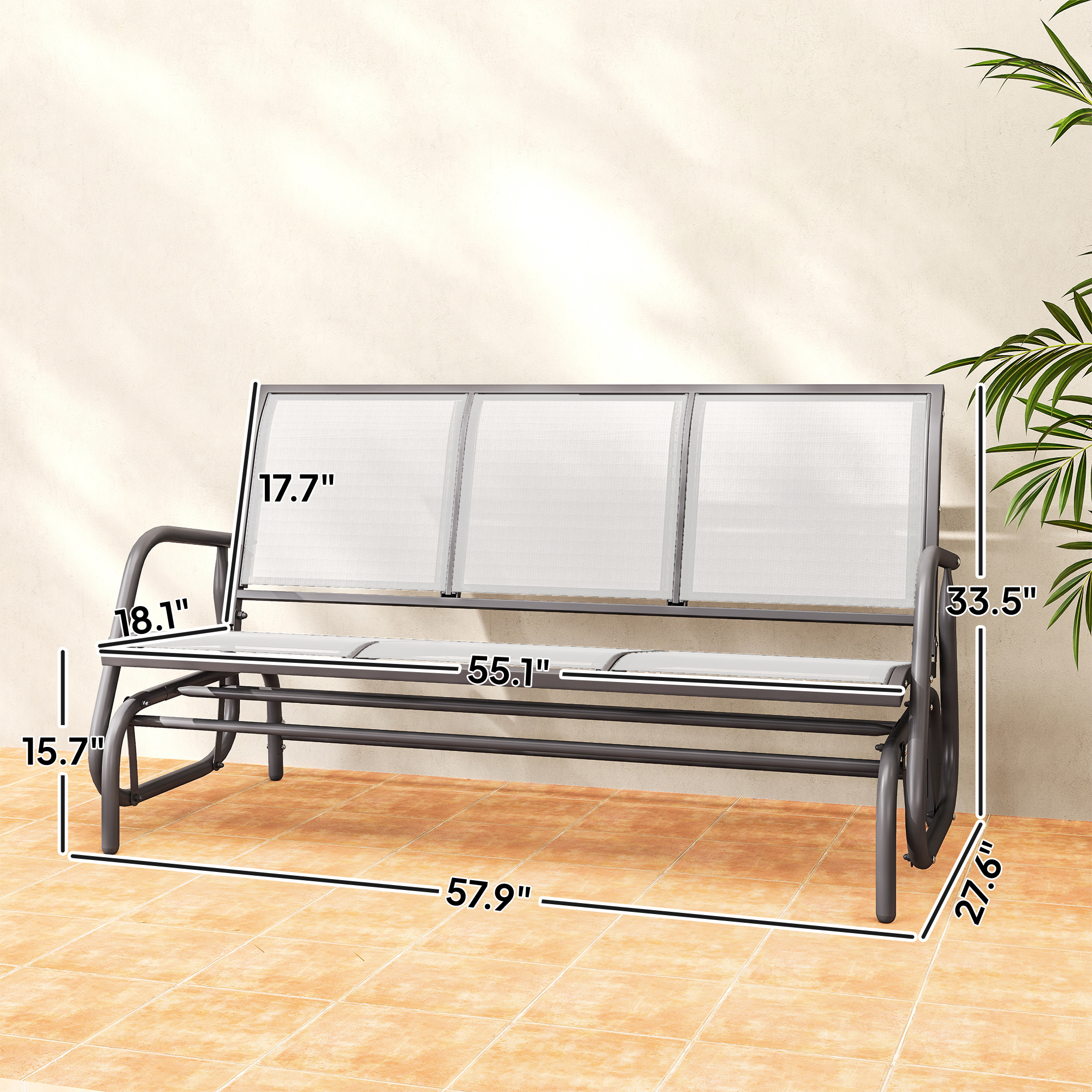 3-Person Outdoor Patio Glider Bench, Porch Glider Swing With 3 Seats, Breathable Mesh Fabric, Metal Frame, Cream White_voghion.com