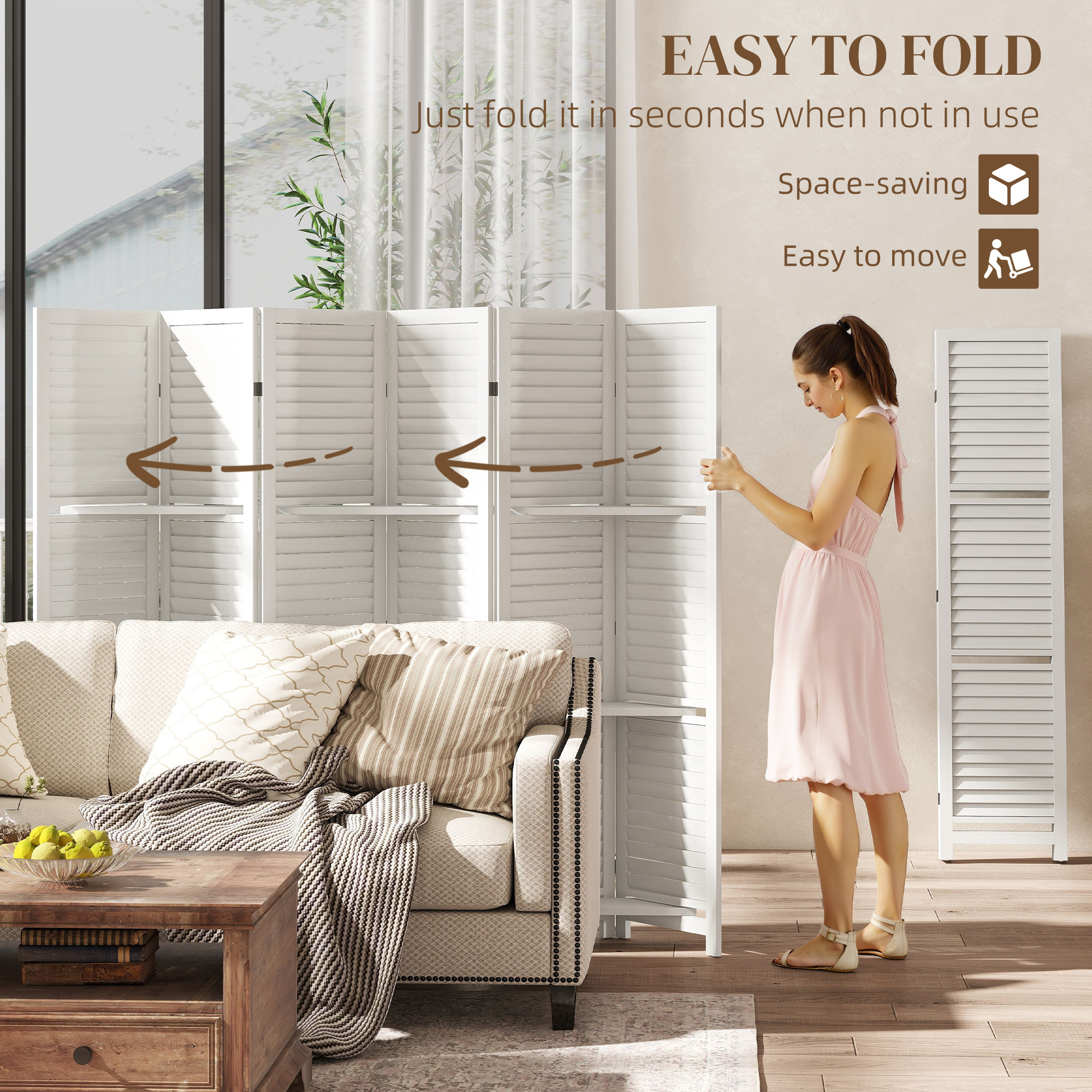 6 Panel 67" Tall Wood Privacy Screen Room Divider With 3 Shelves And Folding Storage For Bedroom, White_voghion.com