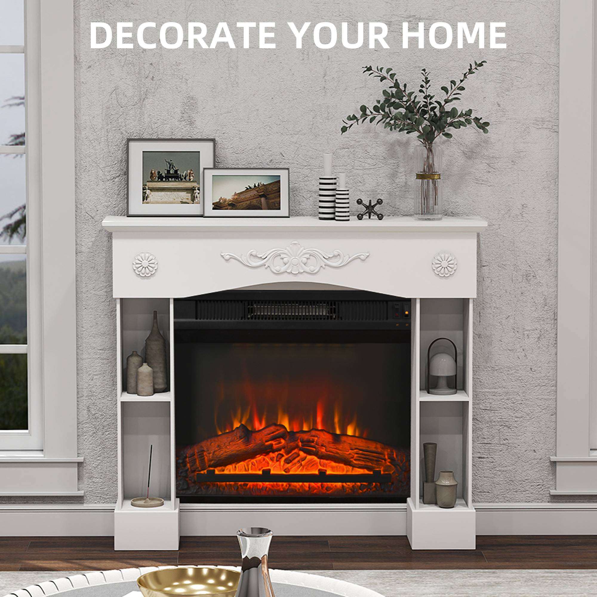 Baroque Fireplace Mantel, Freestanding Fireplace Surround With Leg For Electric Fireplaces, 45.3" W X 39.4" H, White
