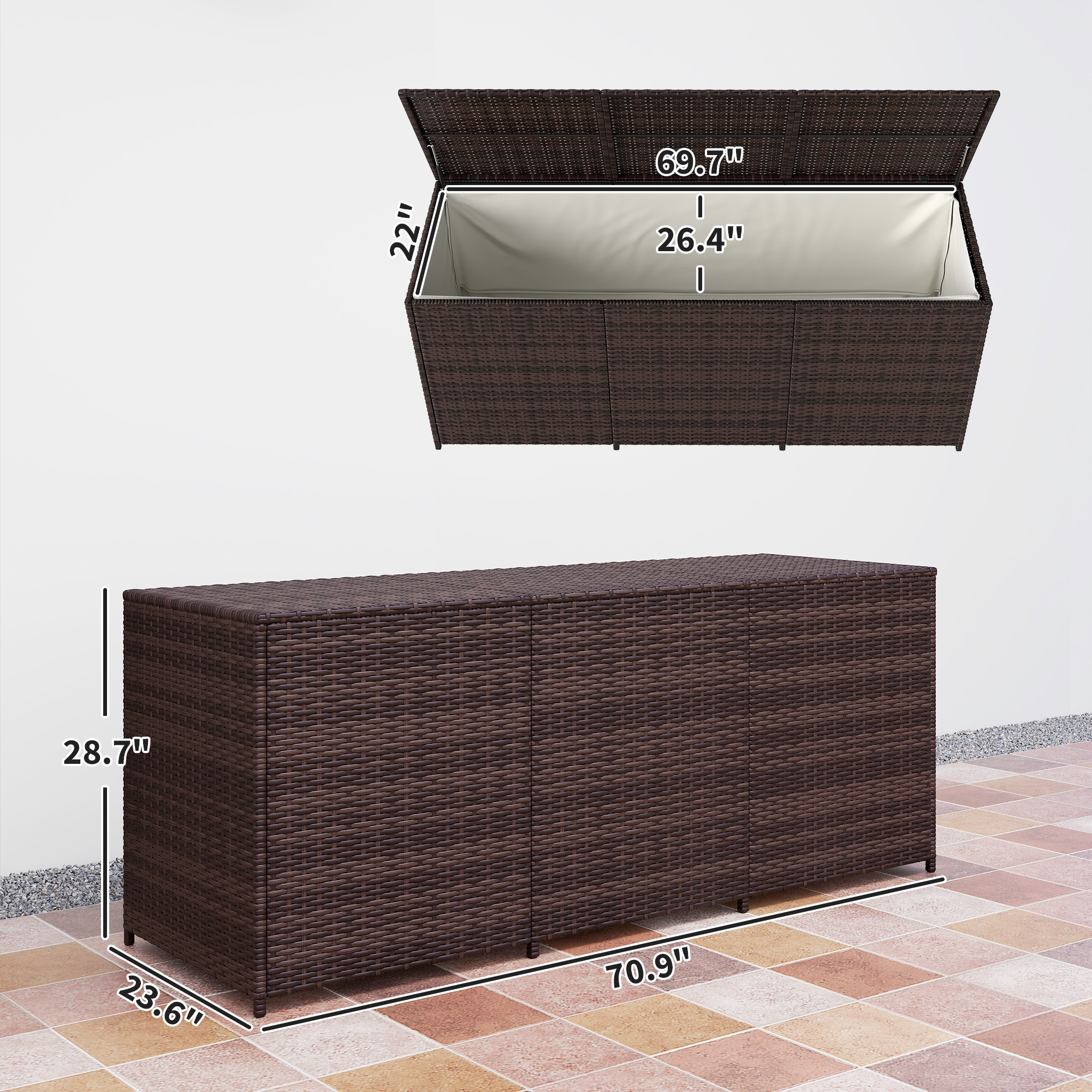 175 Gallon Outdoor Storage Box With Inner Liner, PE Rattan Wicker Deck Box With Pneumatic Bar Lift, Mixed Brown_voghion.com