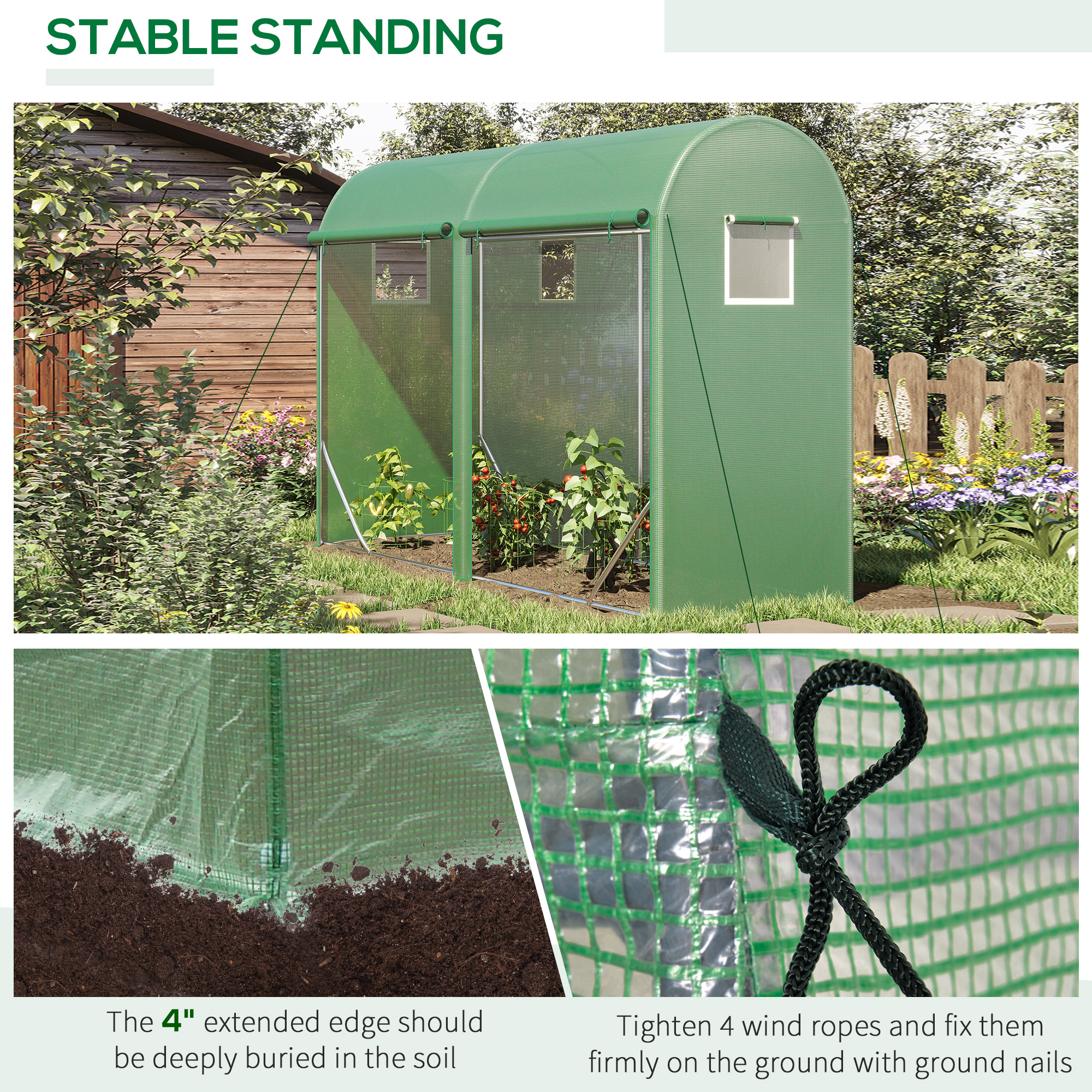 10' X 3' X 7' Walk-in Lean-to Greenhouse, Steel, 4 Zipper Roll-up Windows & 2 Doors, UV Protecting PE Cover For Growing Flowers, Vegetables, Tropical Plants, Saplings, Succulents, Green_voghion.com