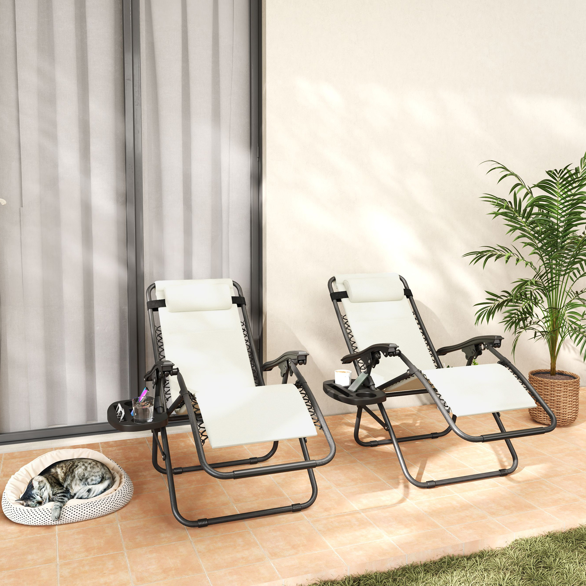 Zero Gravity Lounge Chair Set, 2 Pieces Reclining Folding Outdoor Lounge Chairs With Headrest Side Tray, Cream