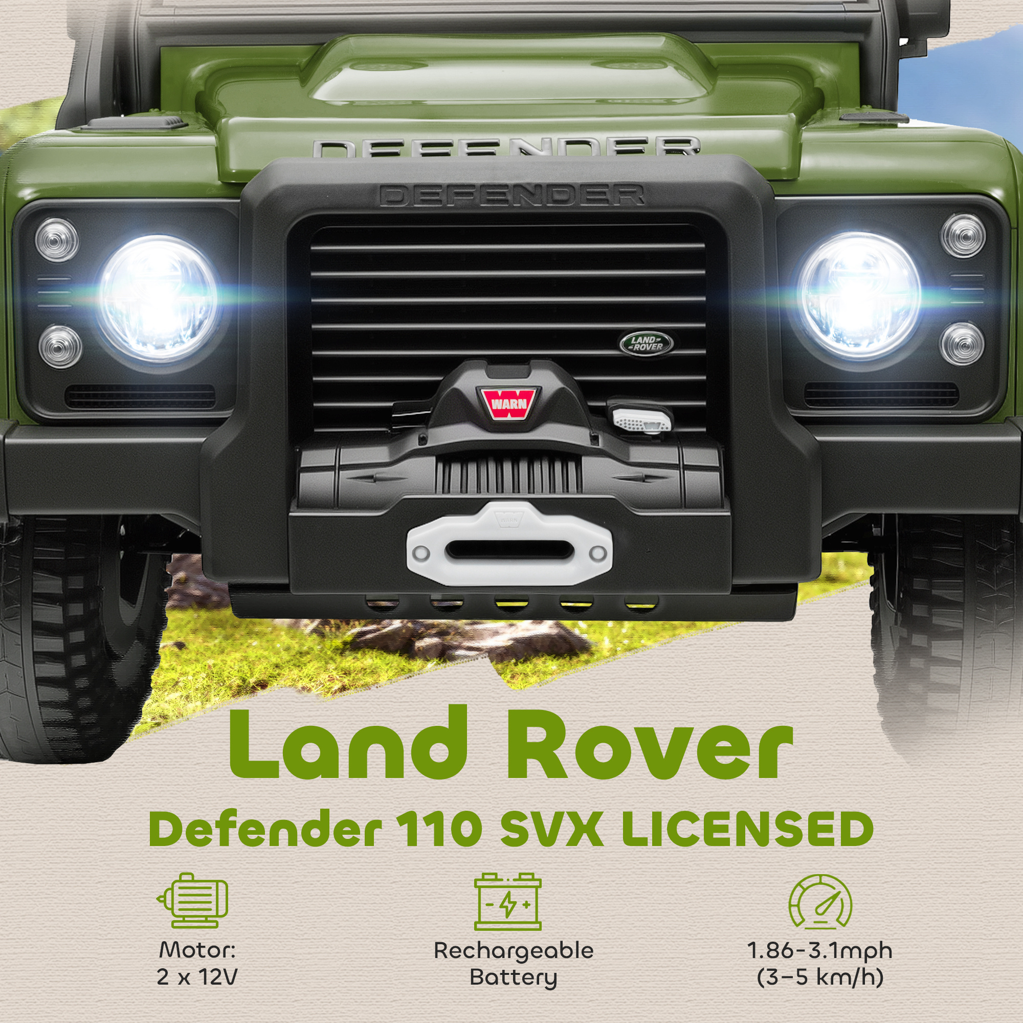 Land Rover Licensed Electric Car For Kids With Remote Control, Dual Motors, Spring Suspension, LED Lights, Dark Green_voghion.com