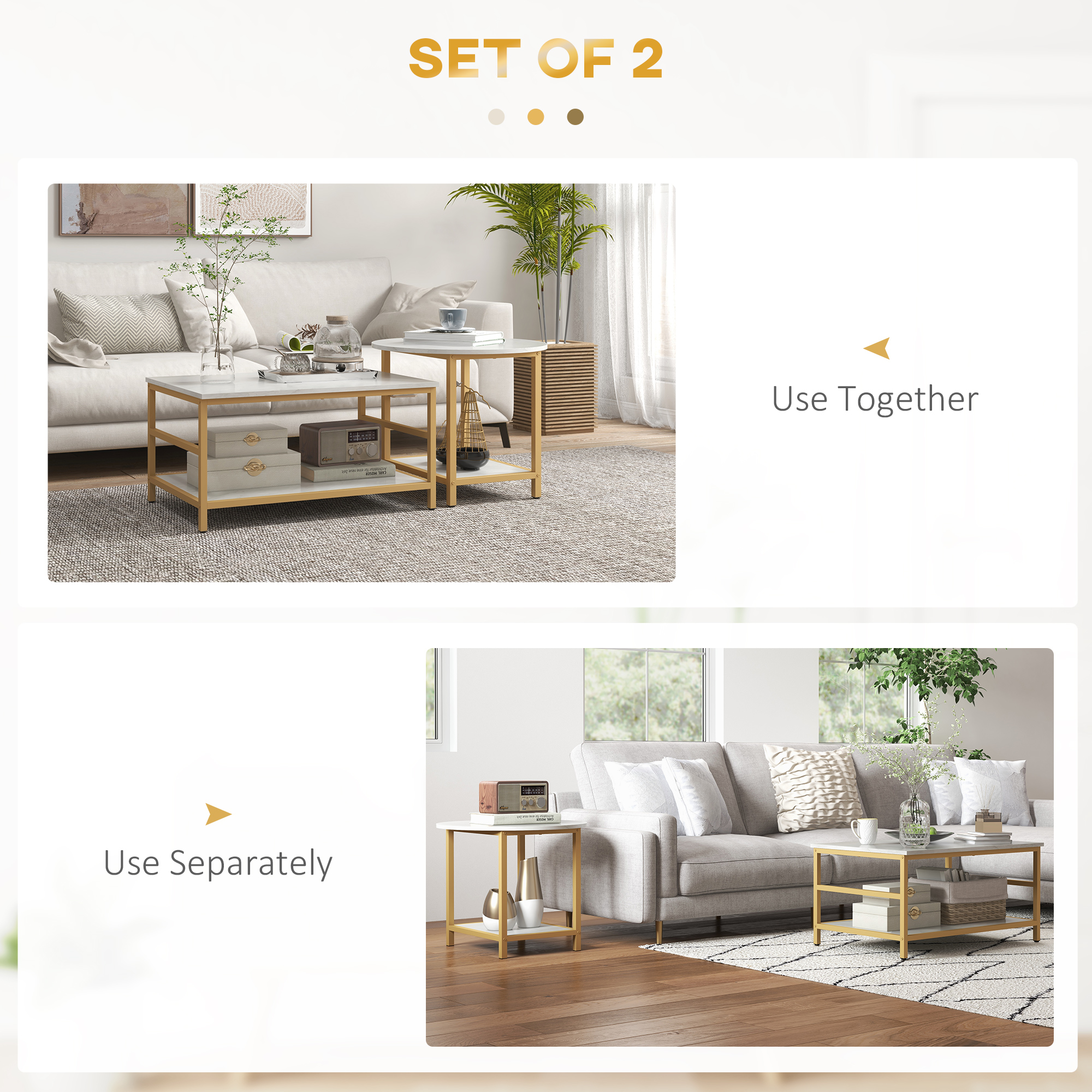 Coffee Tables Set Of 2, Rectangle And Round Coffee Table With Storage Shelves, Marble Top, Living Room Table Set_voghion.com