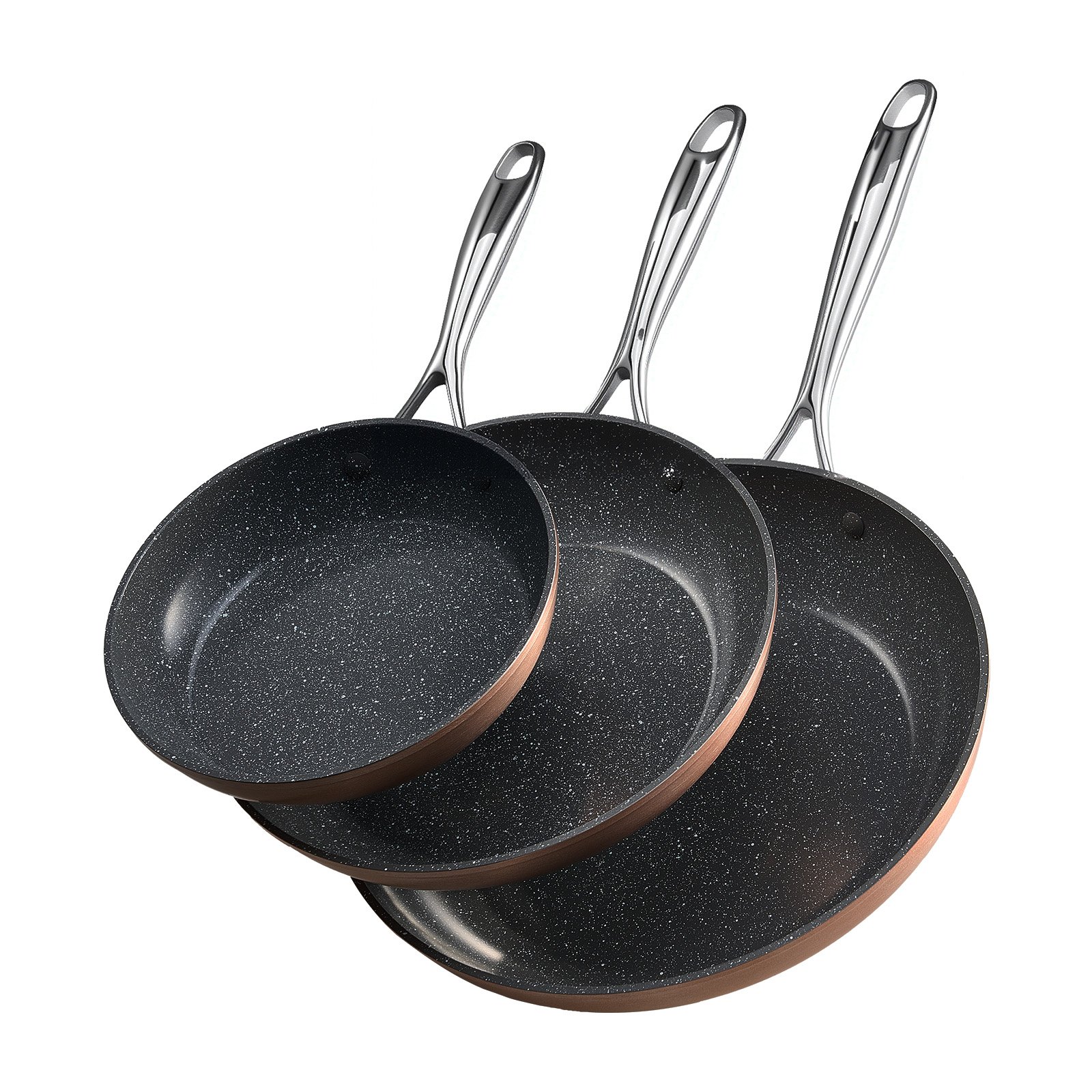Three-piece copper-tone non-stick frying pan set in 20, 27 and 30 cm