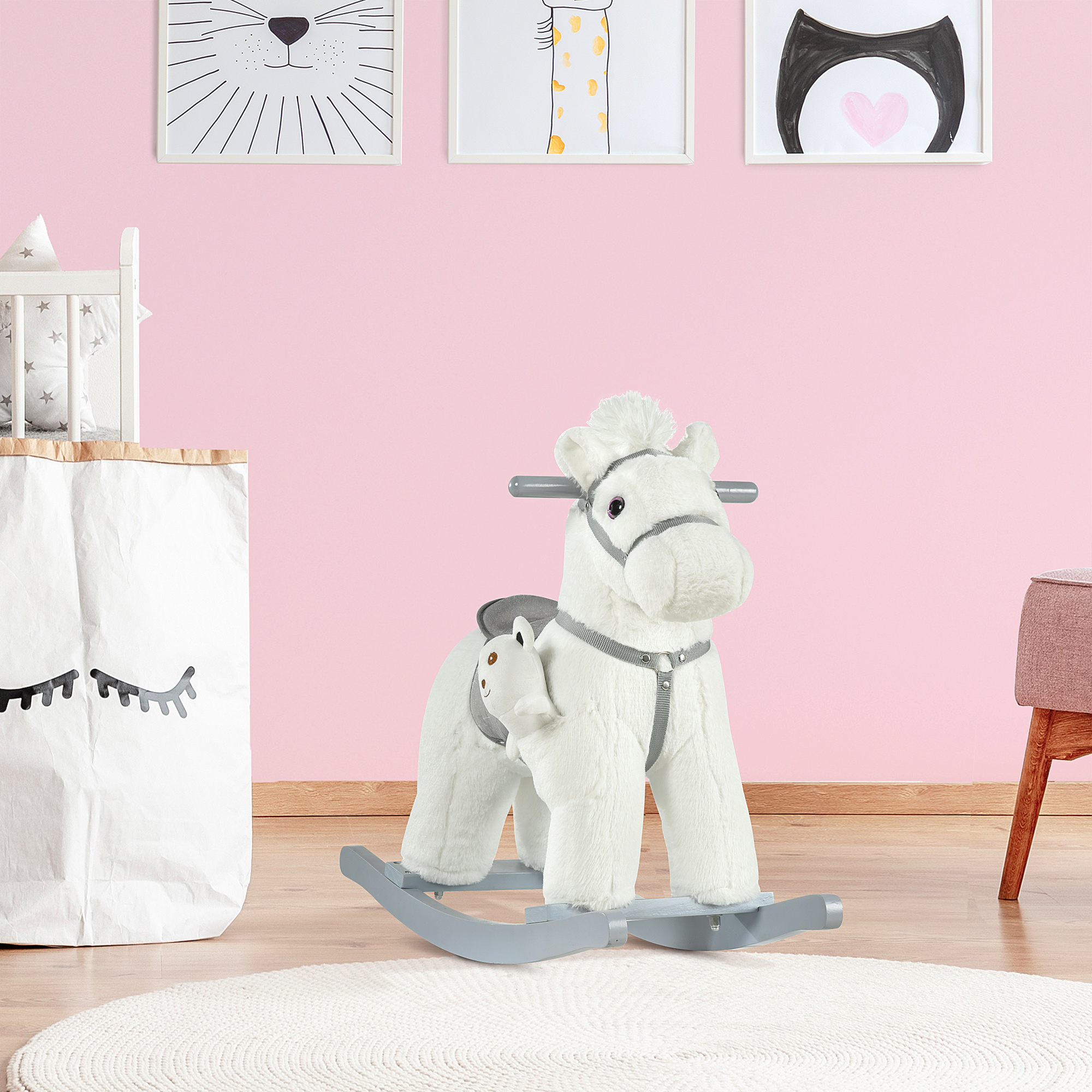 Kids Plush Ride-On Rocking Horse With Bear Toy, Children Chair With Soft Plush Toy & Fun Realistic Sounds, White