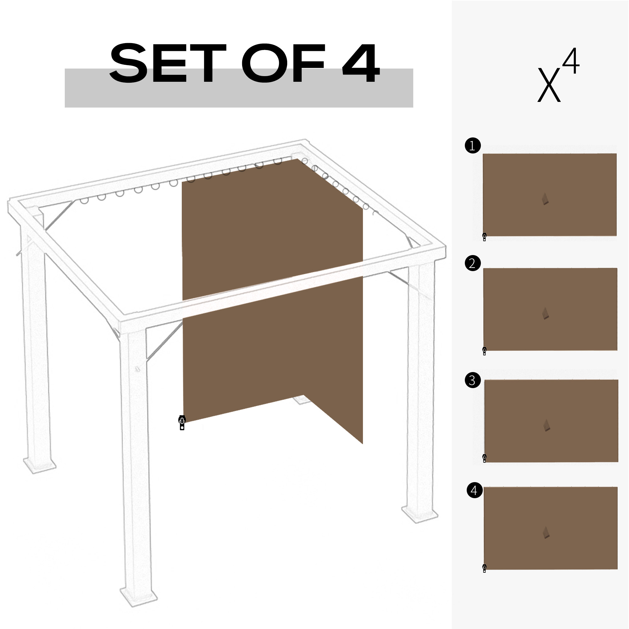 9.84' X 9.84' Gazebo Sidewall Set With Hooks/C-Rings, Brown