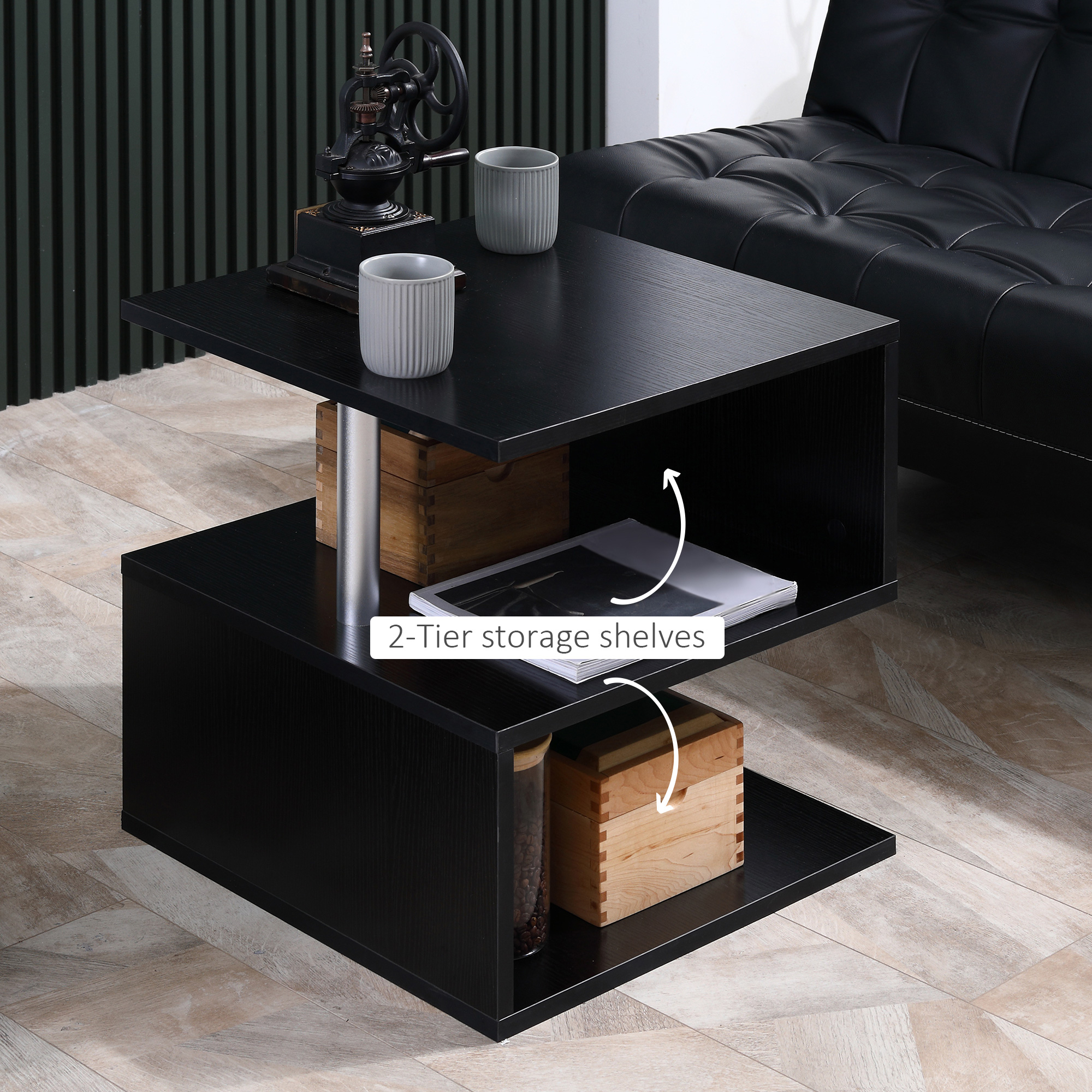 20" Modern End Table, Accent Side Table, S-Shaped Coffee Table With Storage Shelf And Steel Poles, Black