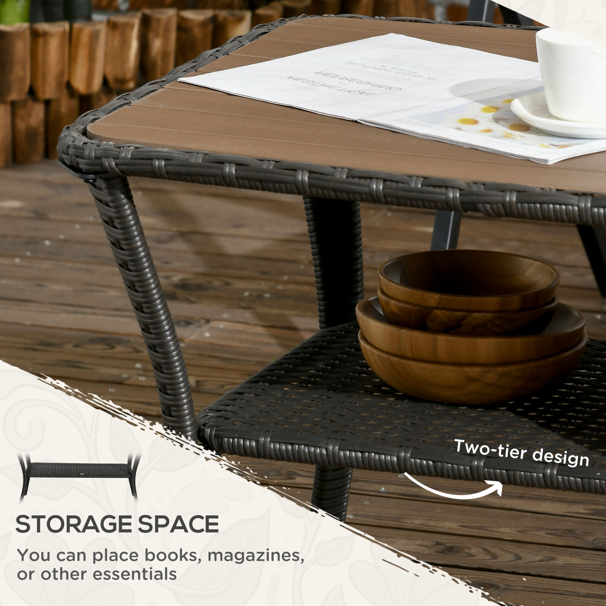 Outdoor Patio PE Rattan Coffee Table With Storage Shelf, Wicker Side Table With Wood-Plastic Composite Top, Mixed Brown_voghion.com